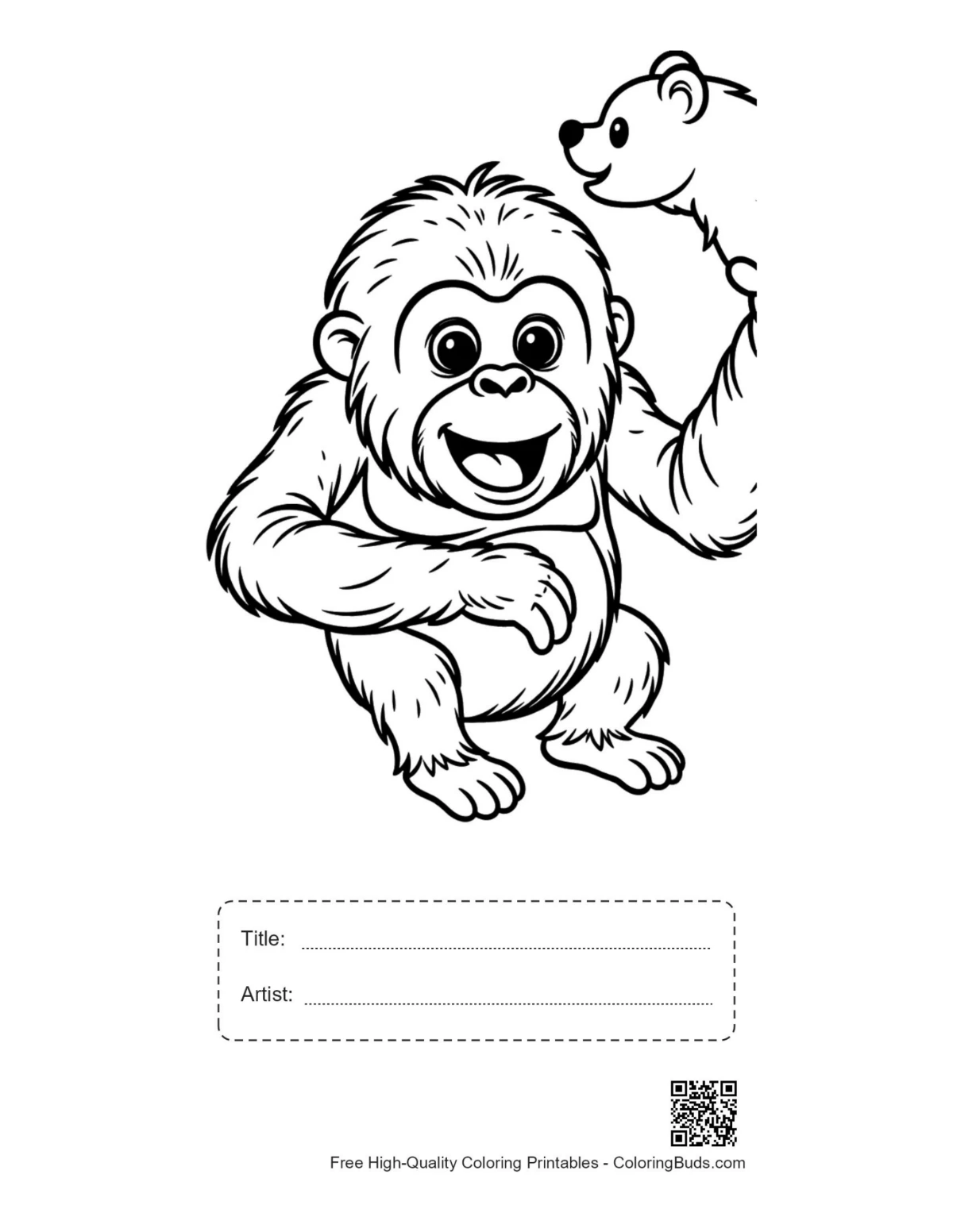 Printable cheerful orangutan hugging teddy bear with title box