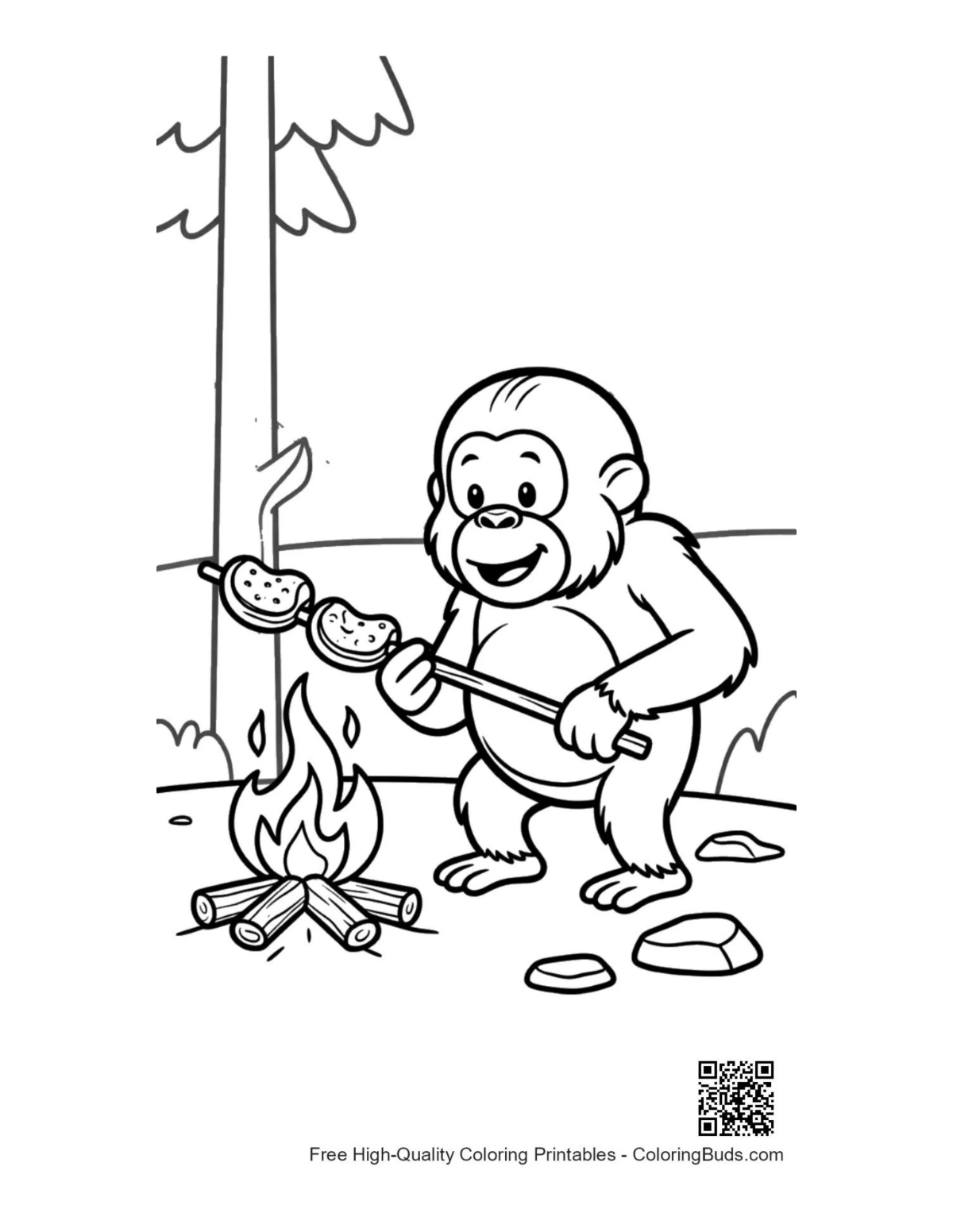 Cute orangutan roasting marshmallows campfire coloring printable