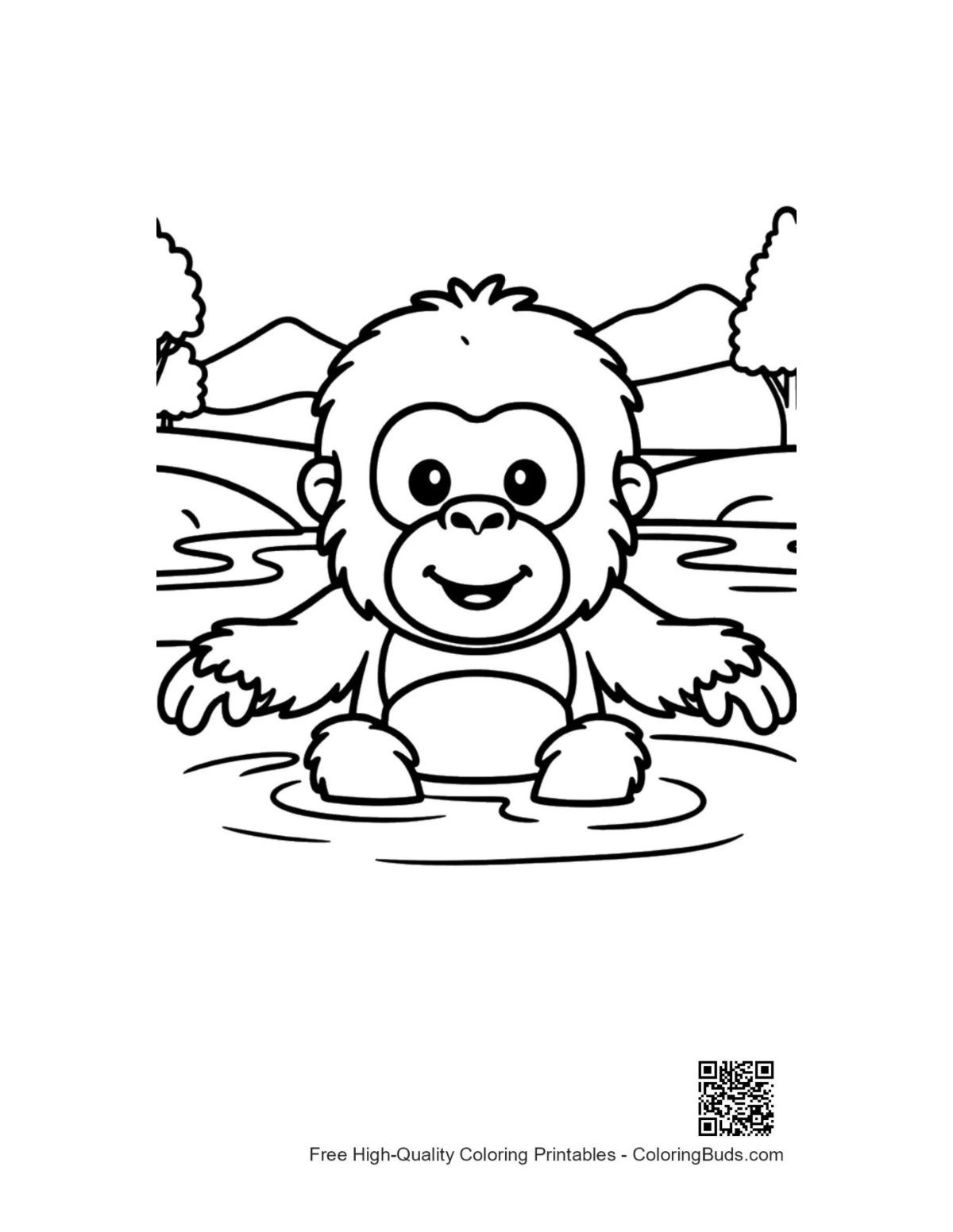 Cute orangutan cooling in jungle stream coloring page