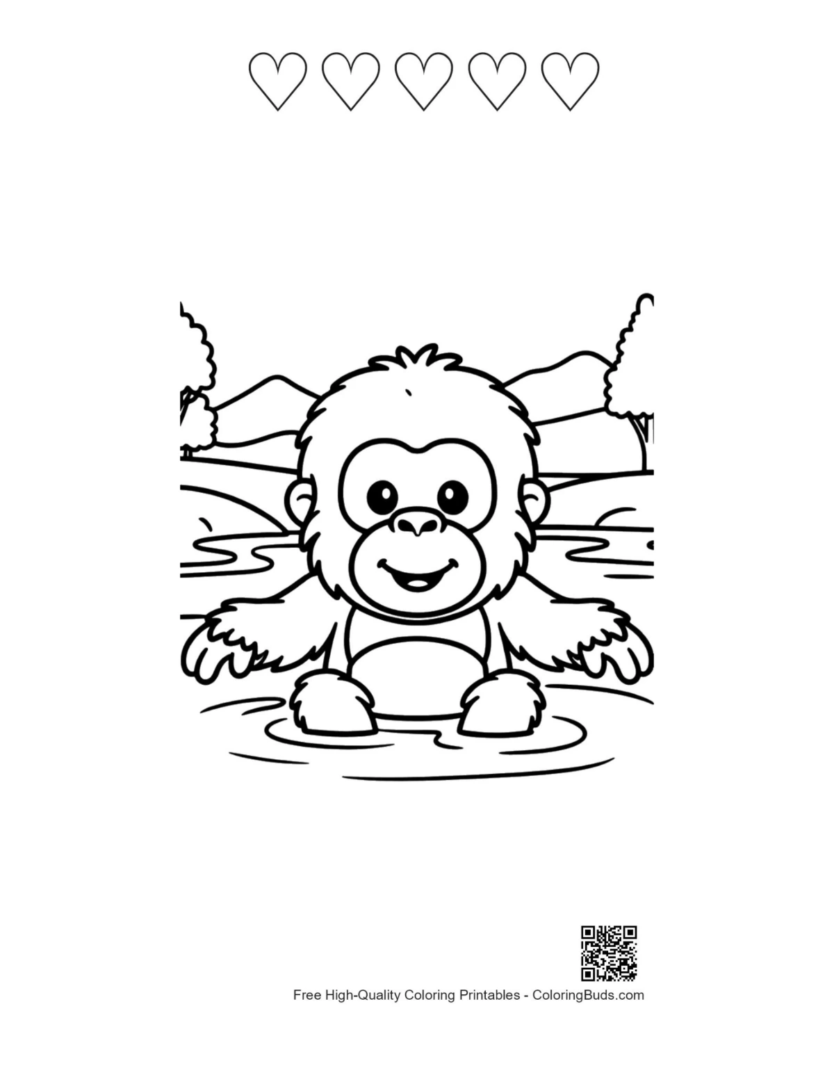 Cute orangutan printable with 5 heart outlines
