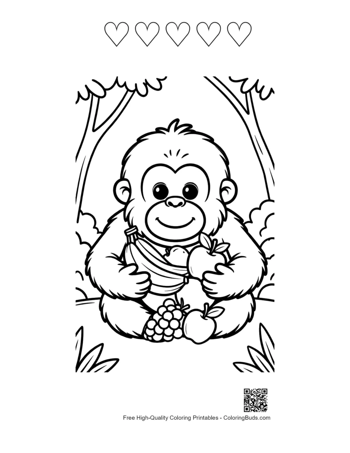 Orangutan coloring printable featuring 5 hearts