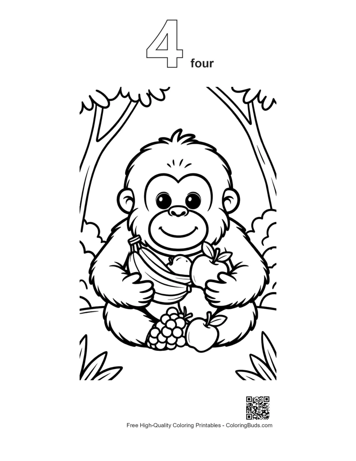Orangutan coloring page outline with number 4