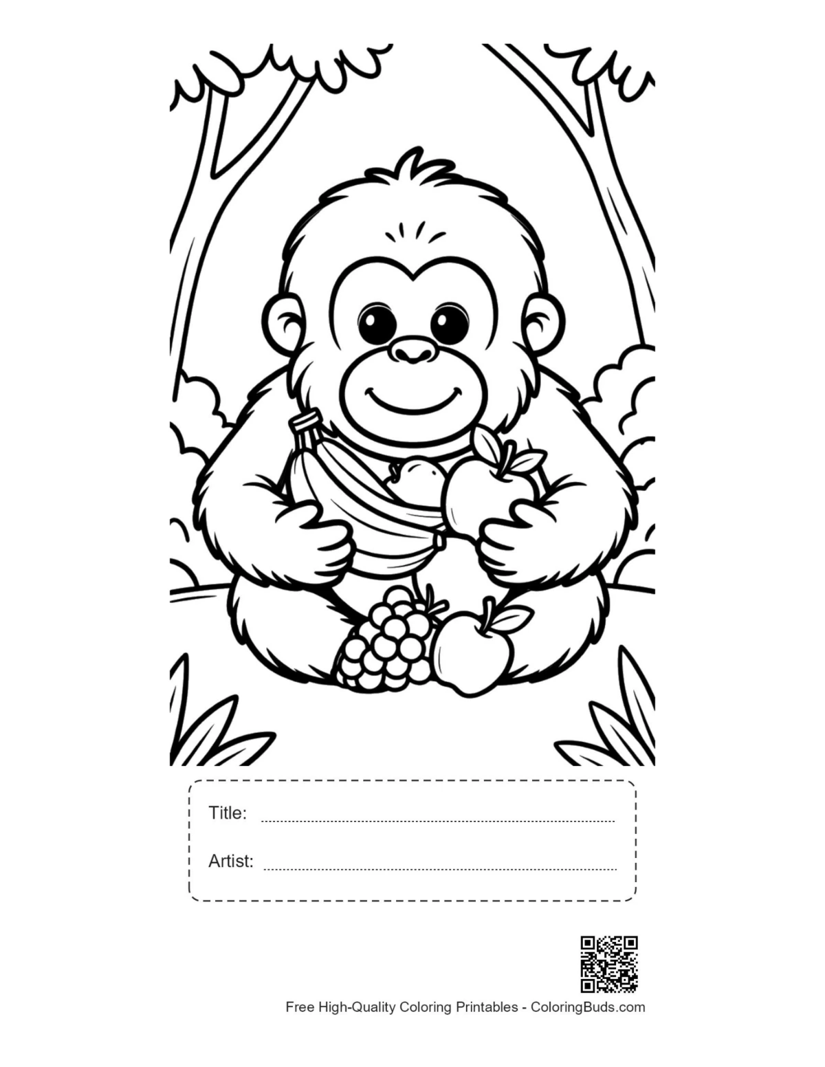 Orangutan coloring printable with title artist box