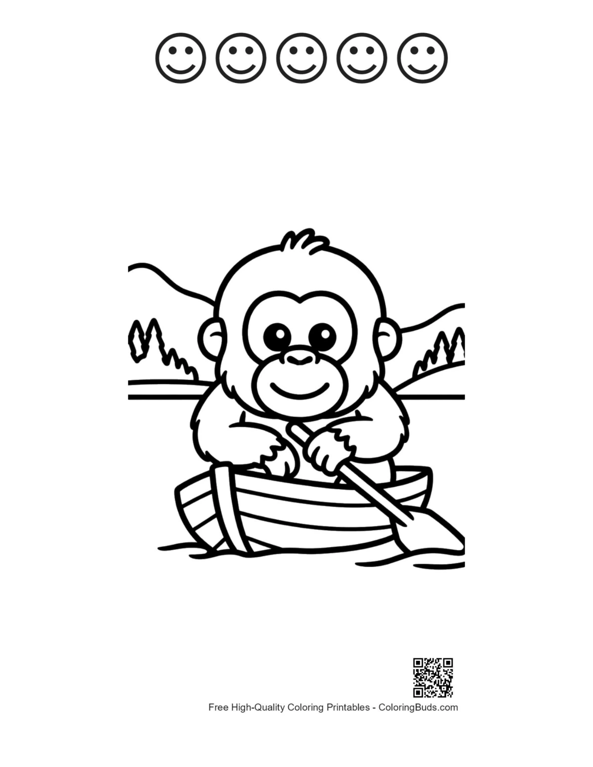 Orangutan with 5 happy faces printable outline