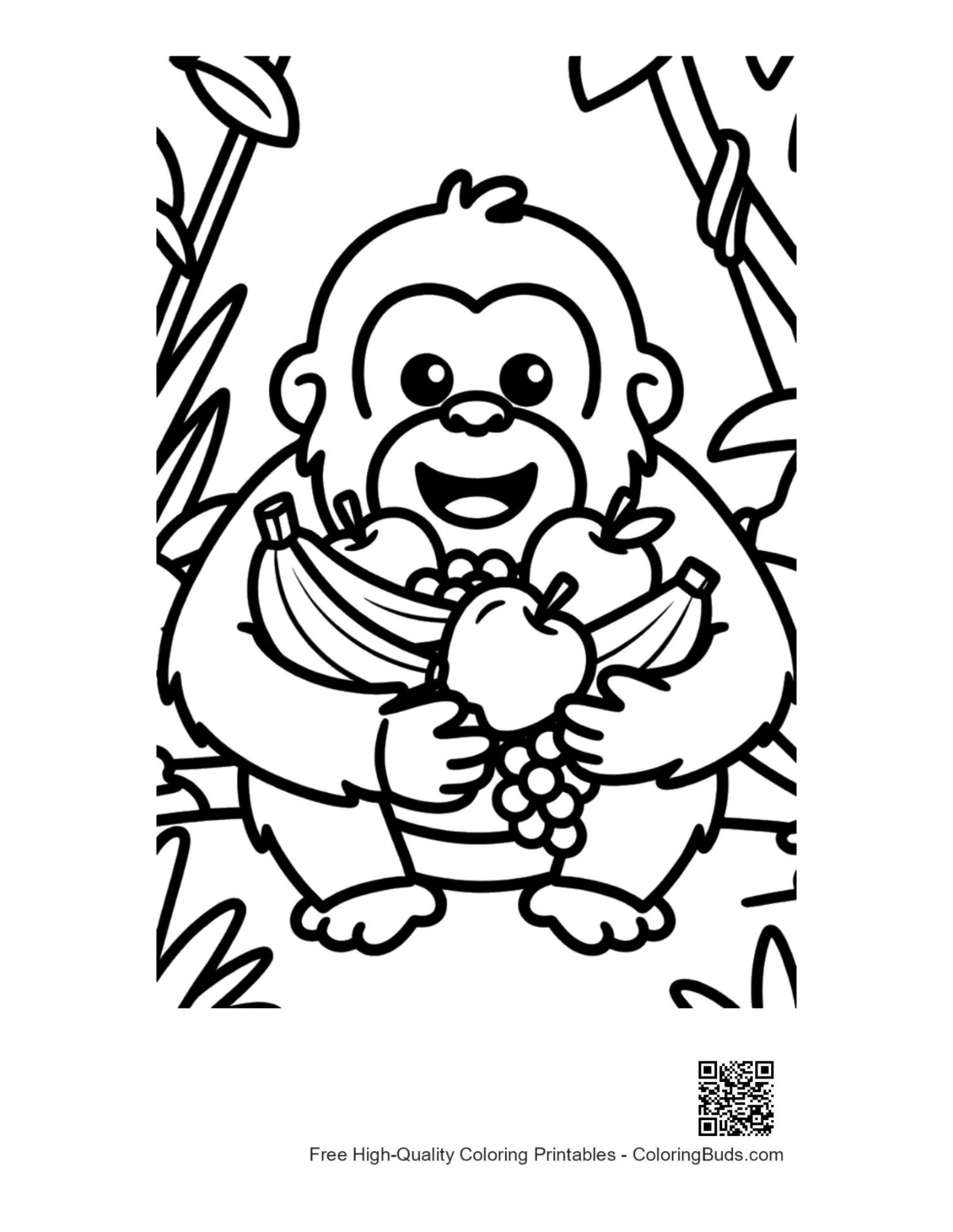Happy young orangutan with bananas grapes basket printable