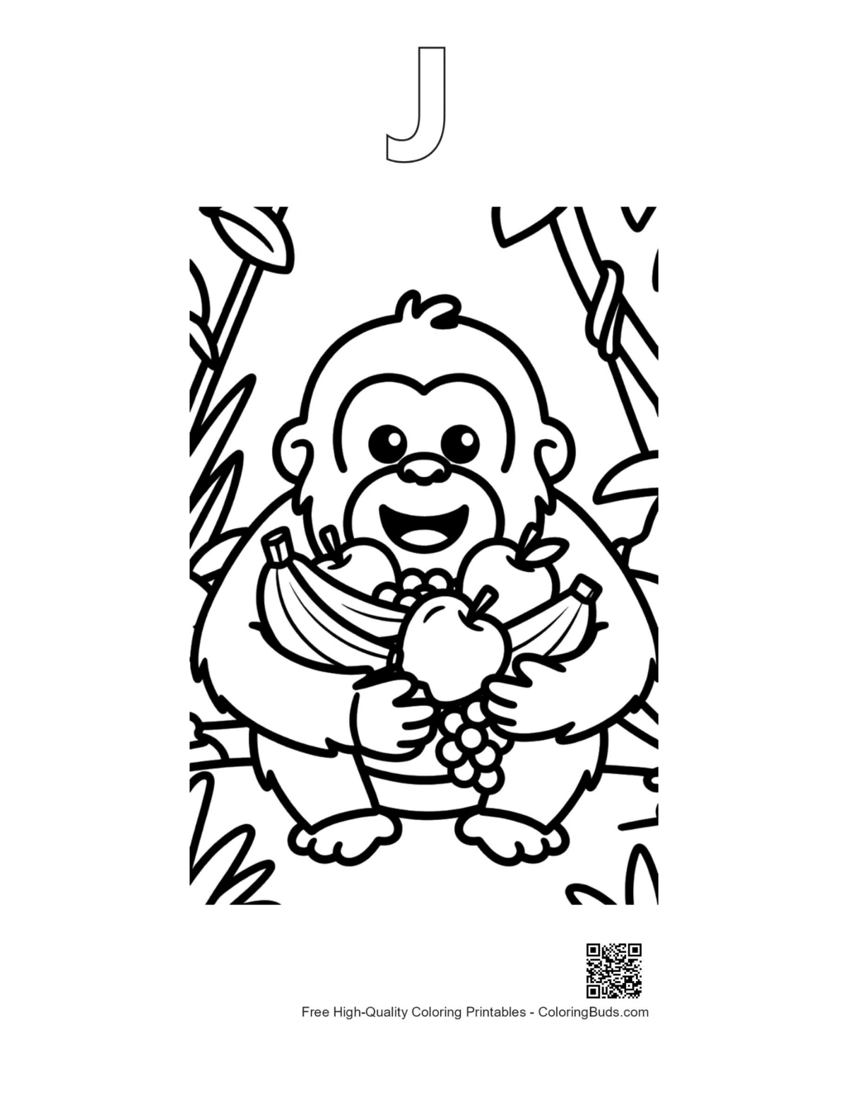 Orangutan printable outline with alphabet J and fruit