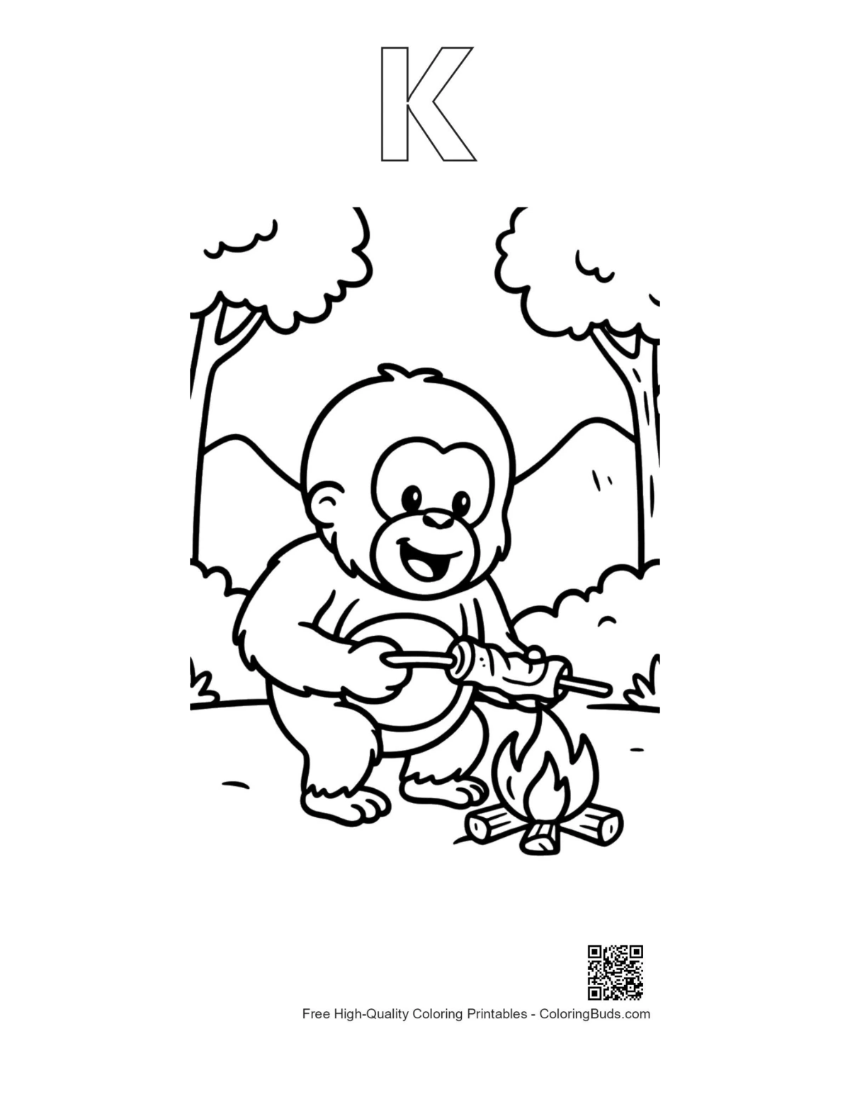 Orangutan cooking alphabet K outline printable
