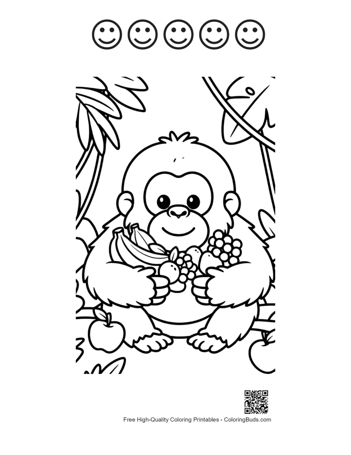 Printable orangutan page with 5 happy faces