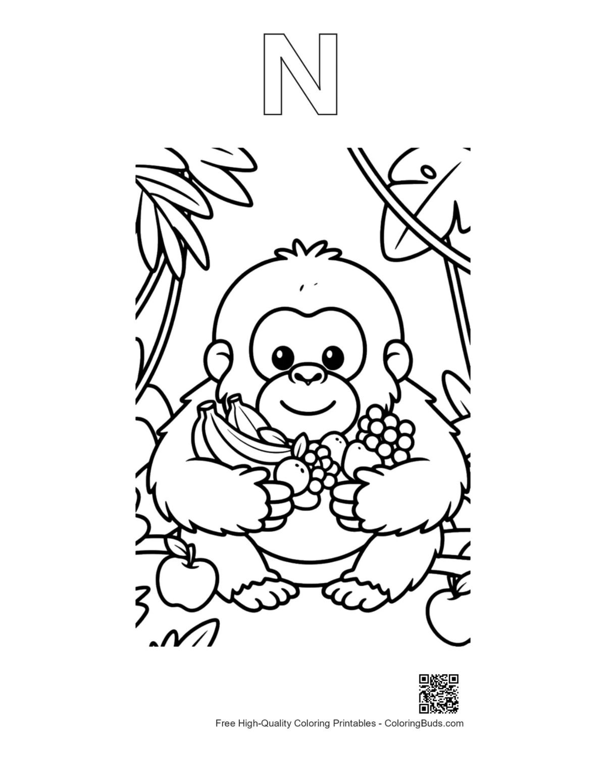 Orangutan outline coloring page with alphabet N