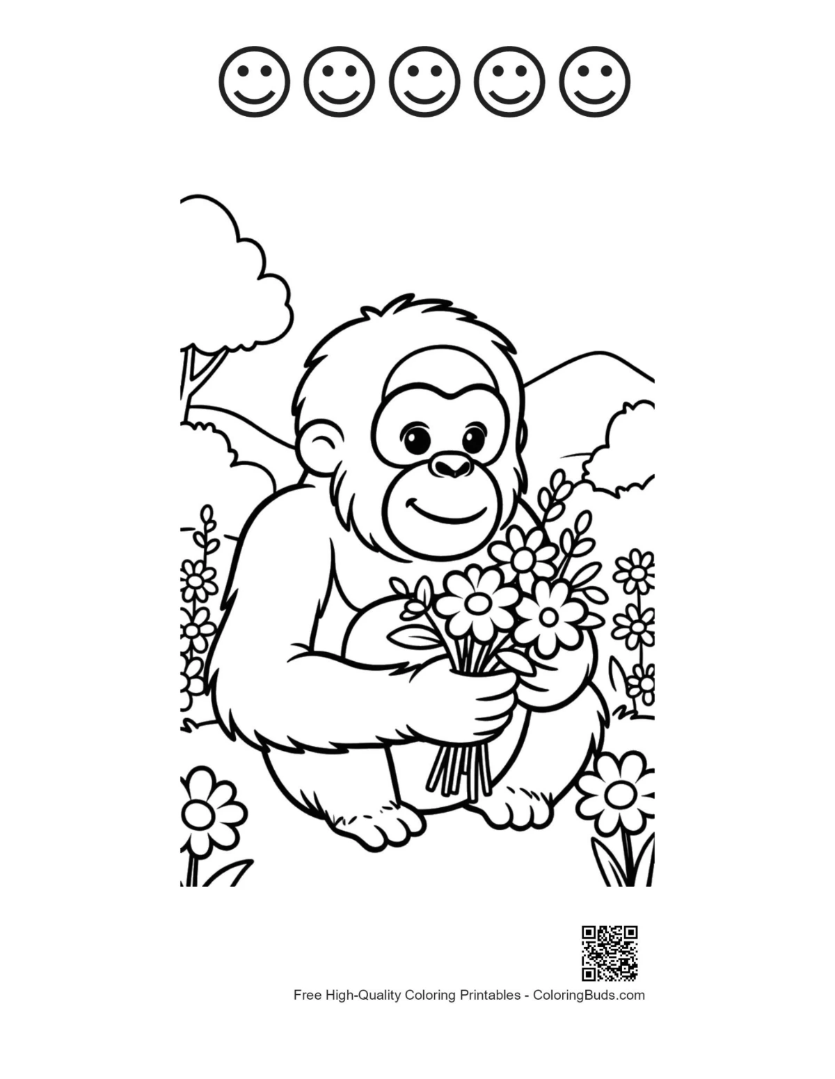 Orangutan sheet with 5 happy faces printable