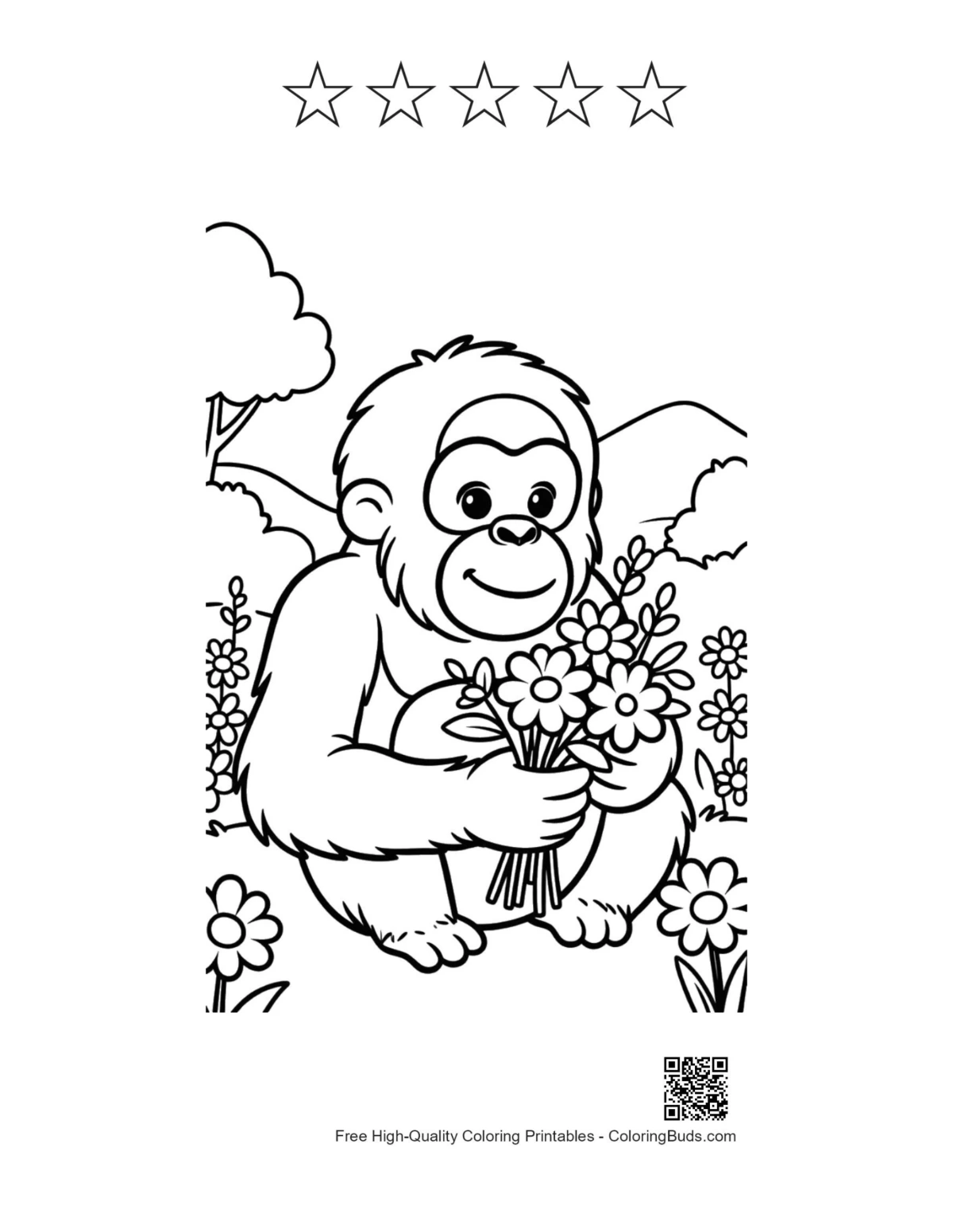 Orangutan coloring sheet with 5 stars outline