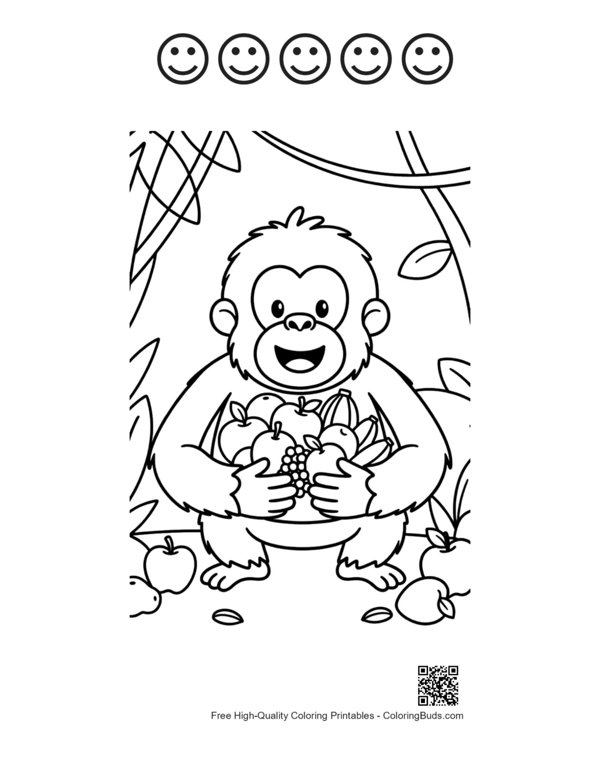 Orangutan and 5 happy faces outline for kids printable
