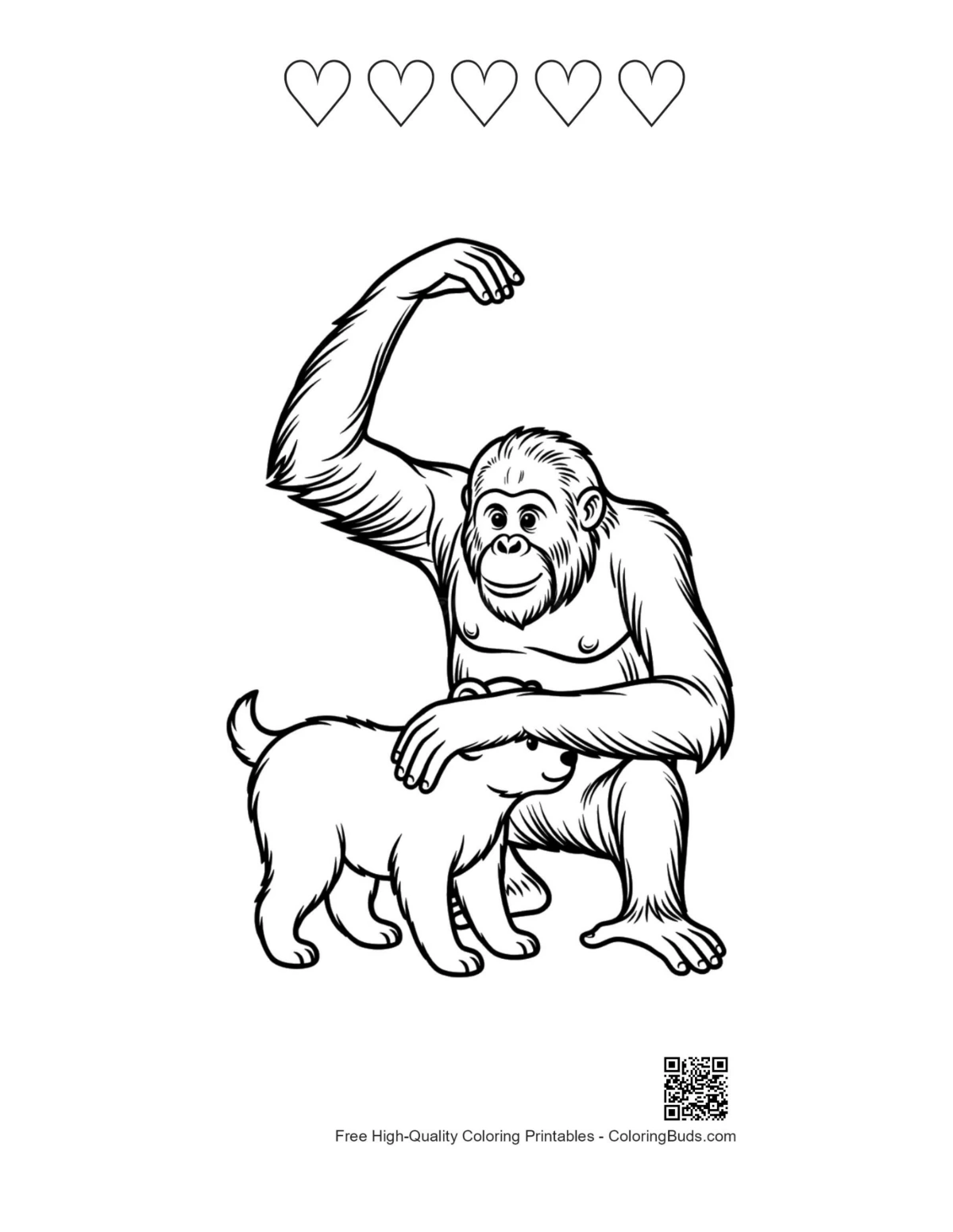 Orangutan petting puppy hearts coloring page