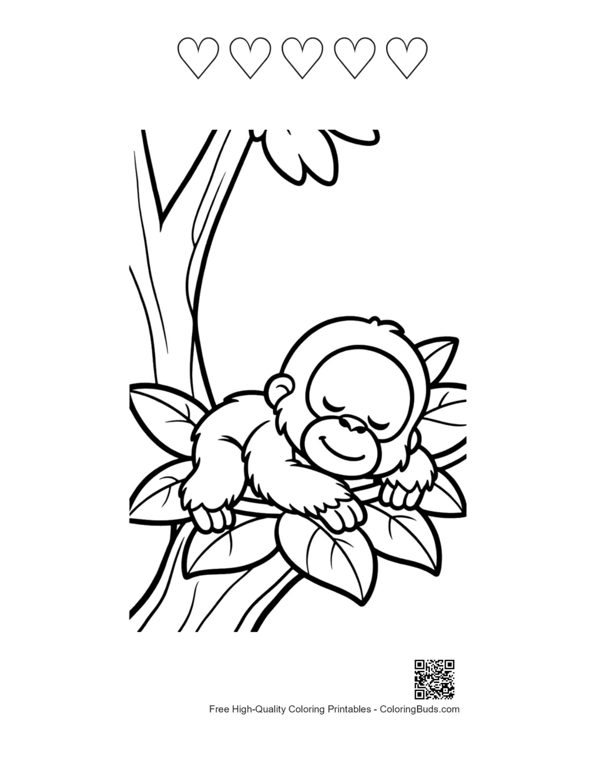 Orangutan printable coloring sheet with 5 heart outlines