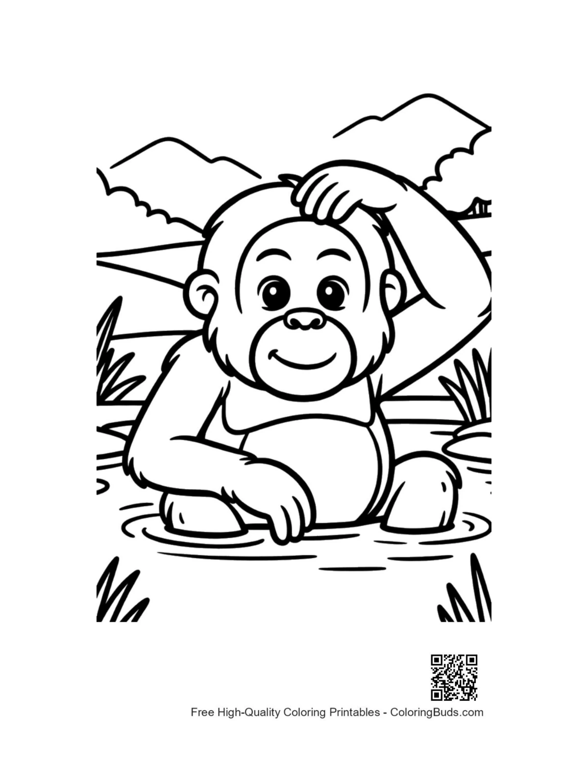 Playful baby orangutan scratching head in water printable