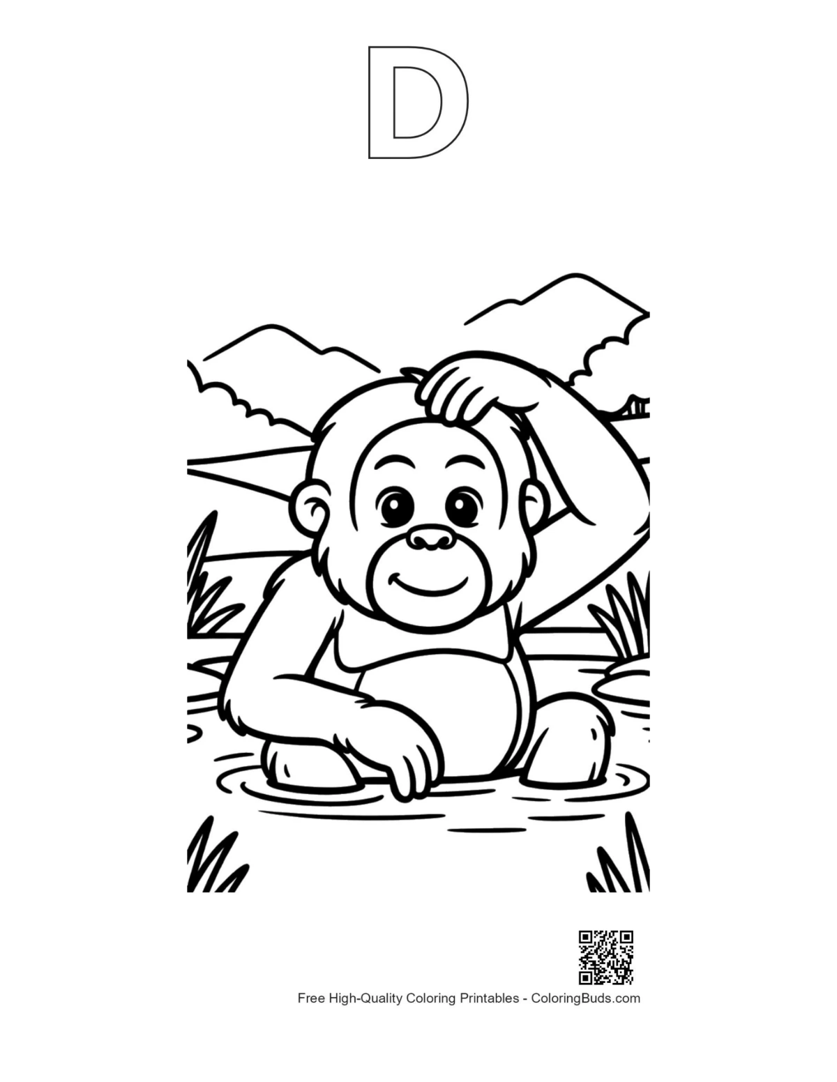 Orangutan coloring page with alphabet D outline