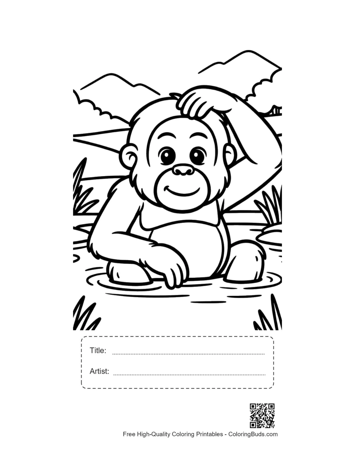 Baby orangutan in water printable with title box