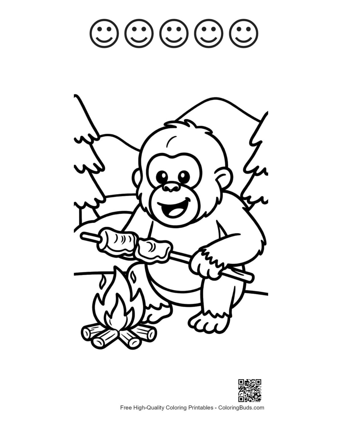 Orangutan campfire 5 happy face outlines printable page