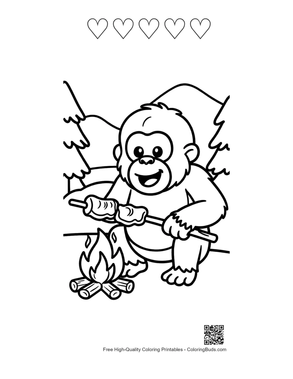 Cute orangutan campfire with 5 heart outlines printable