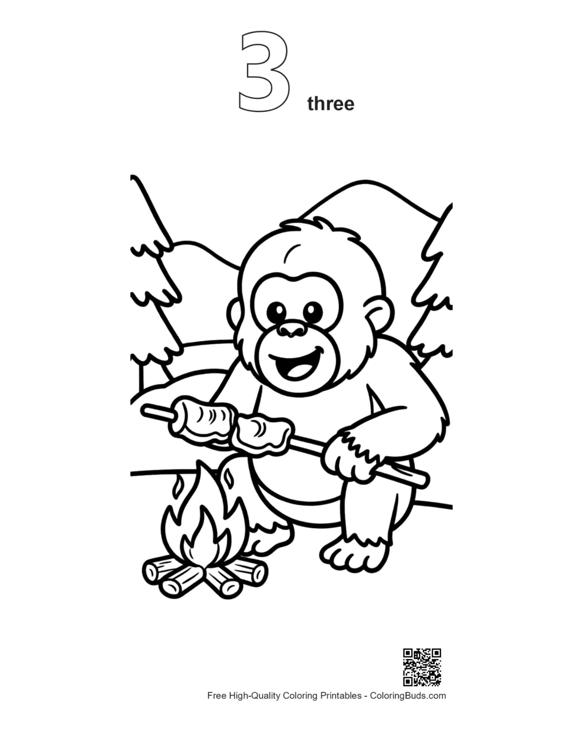 Orangutan campfire outline number 3 printable coloring sheet