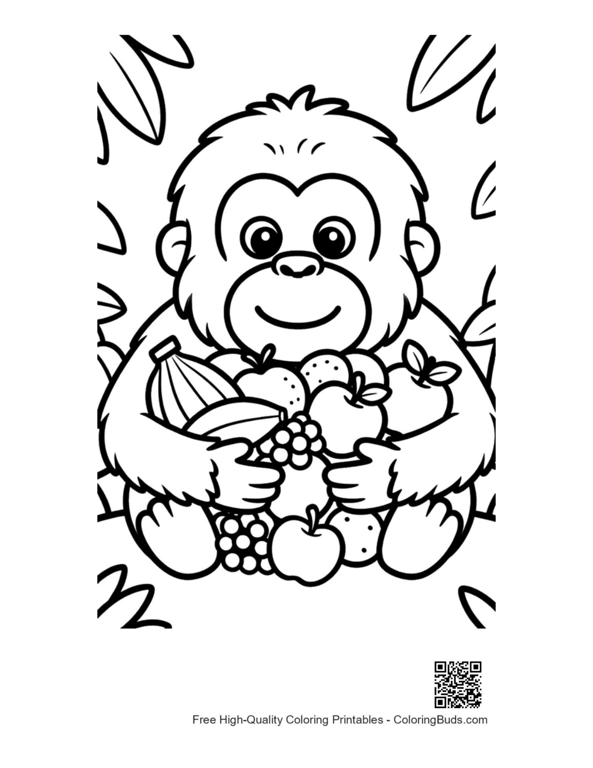 Cute small orangutan with wild berries printable coloring page