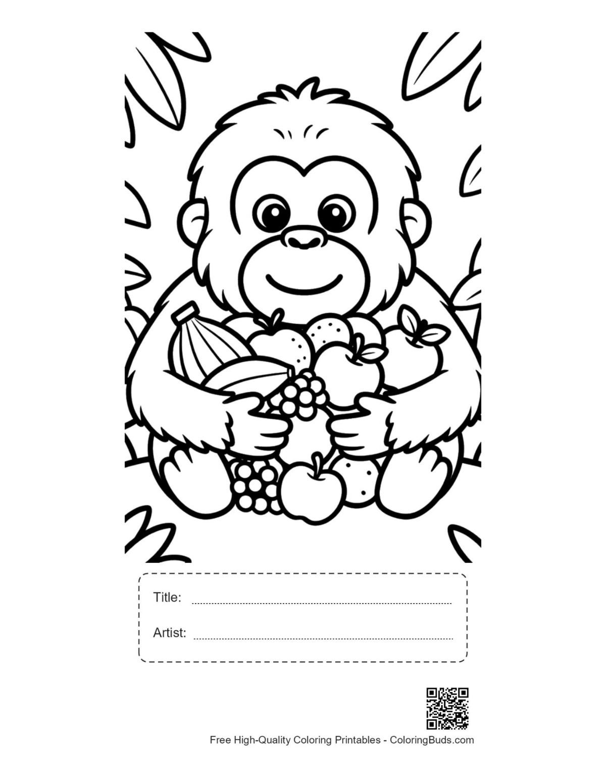 Small orangutan berries printable with title artist box coloring page