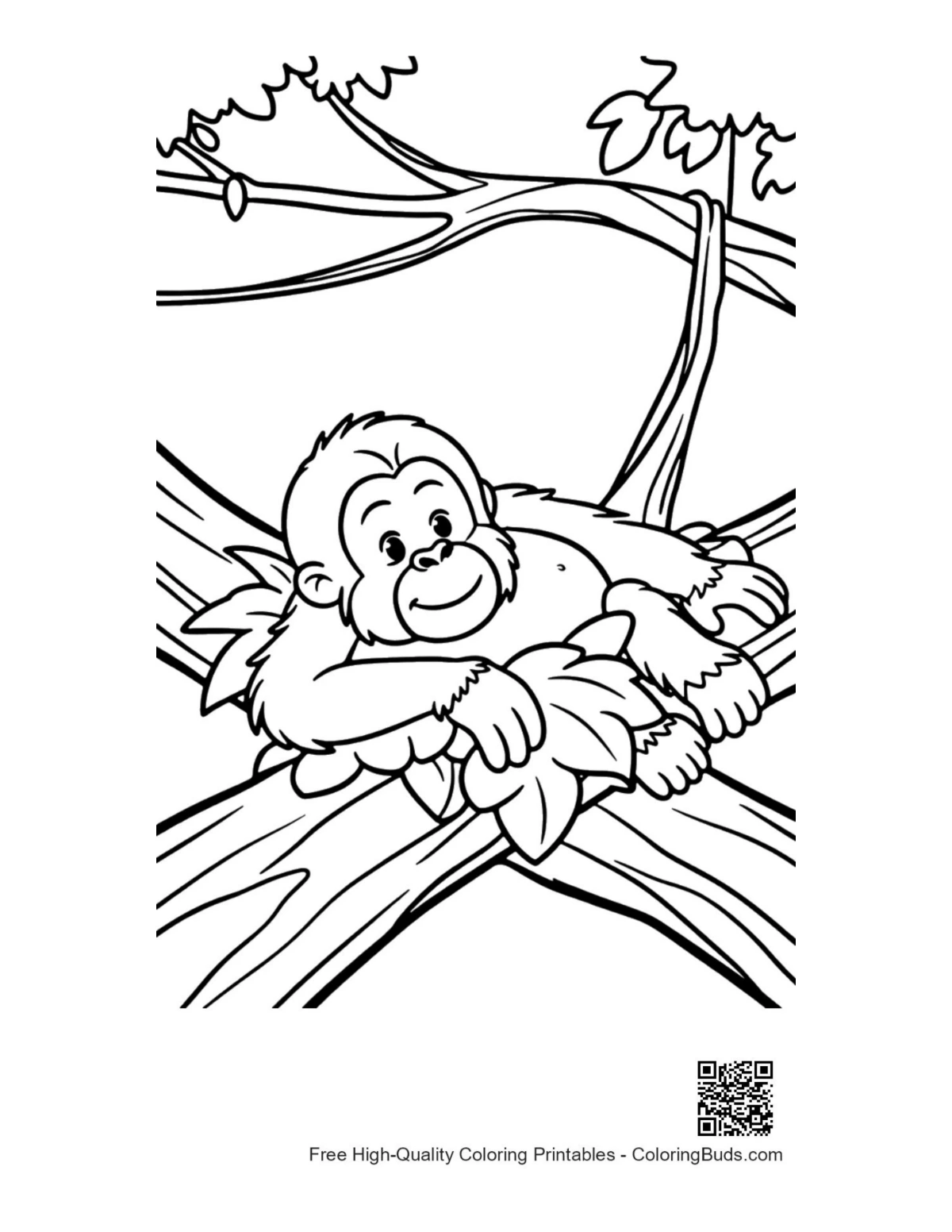 Tired orangutan resting head on leaf cushion coloring page