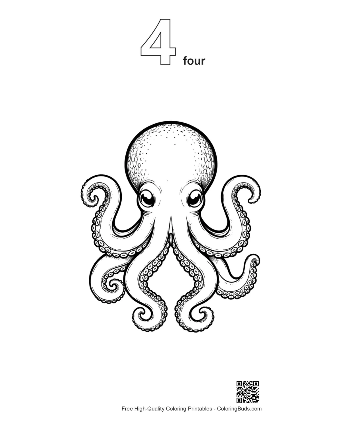 Big-eyed octopus line art with number 4 outline