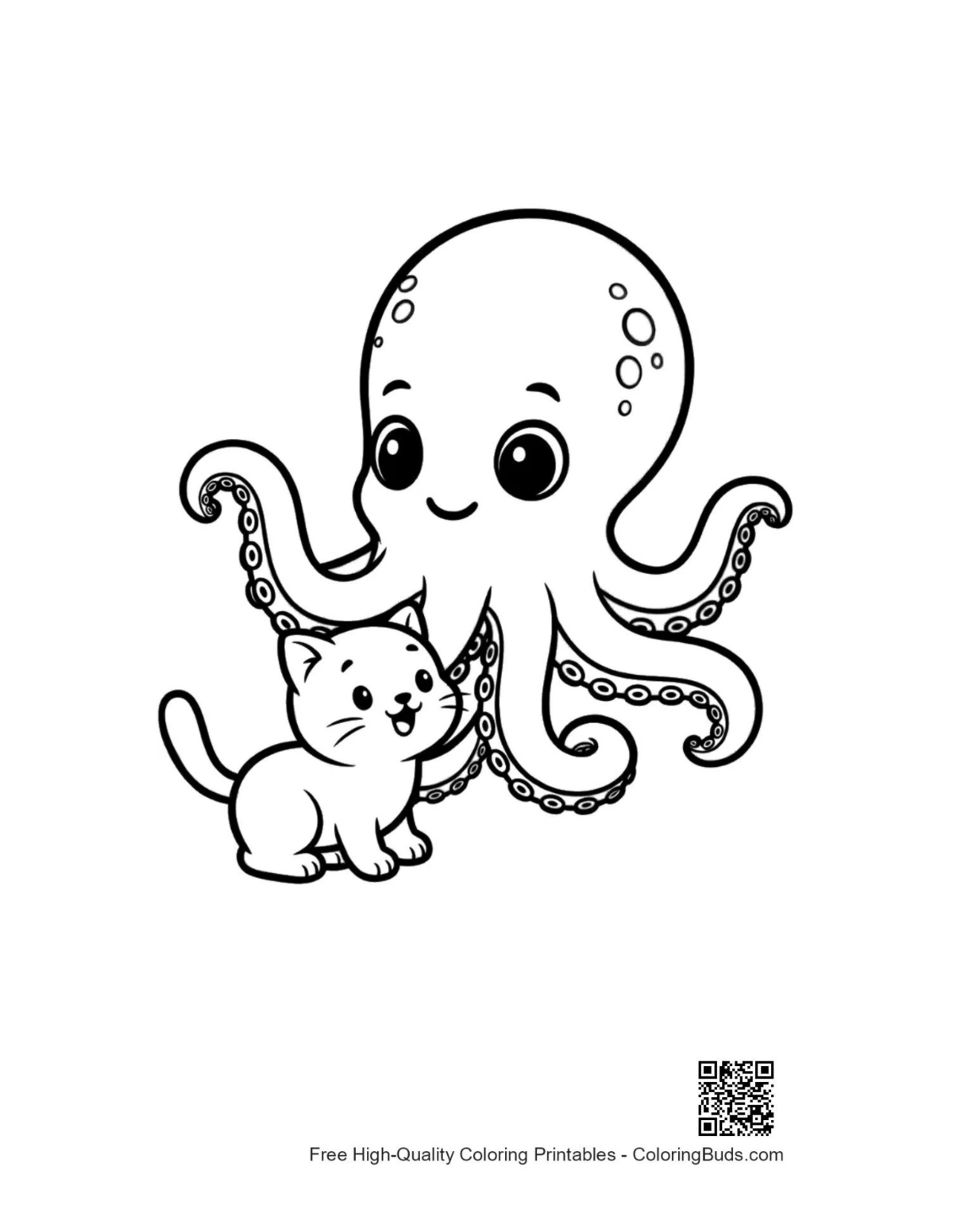 Cute octopus embracing adorable kitten illustration