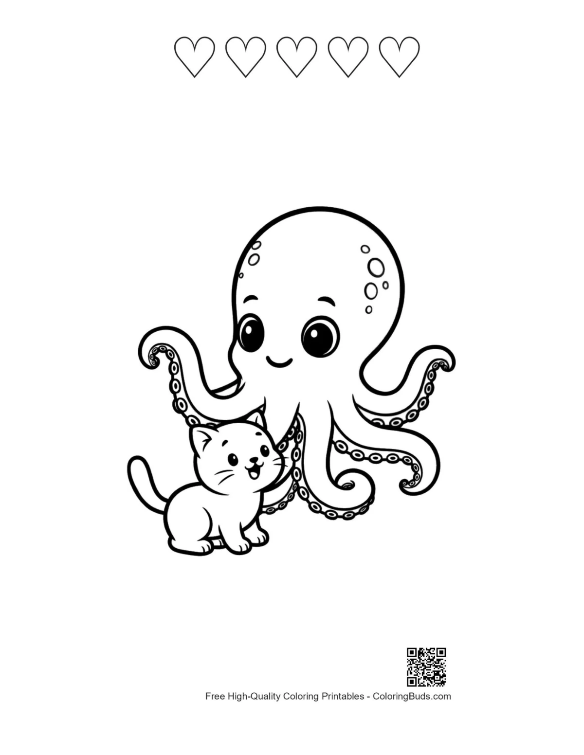 Cute octopus kitten printable with heart shapes