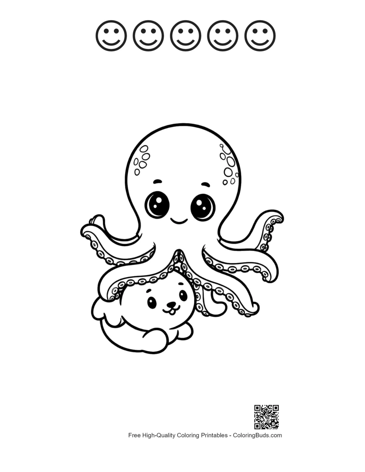Printable cute octopus puppy with happy faces