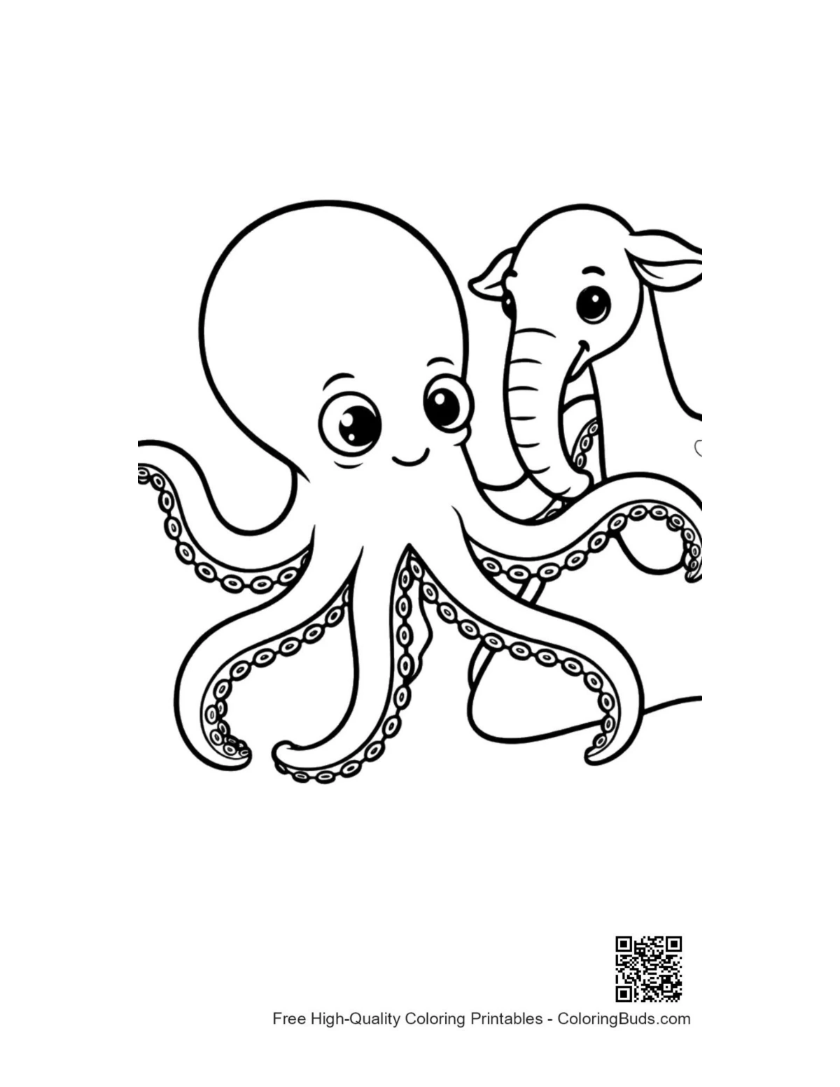 Cute octopus hugging baby elephant illustration