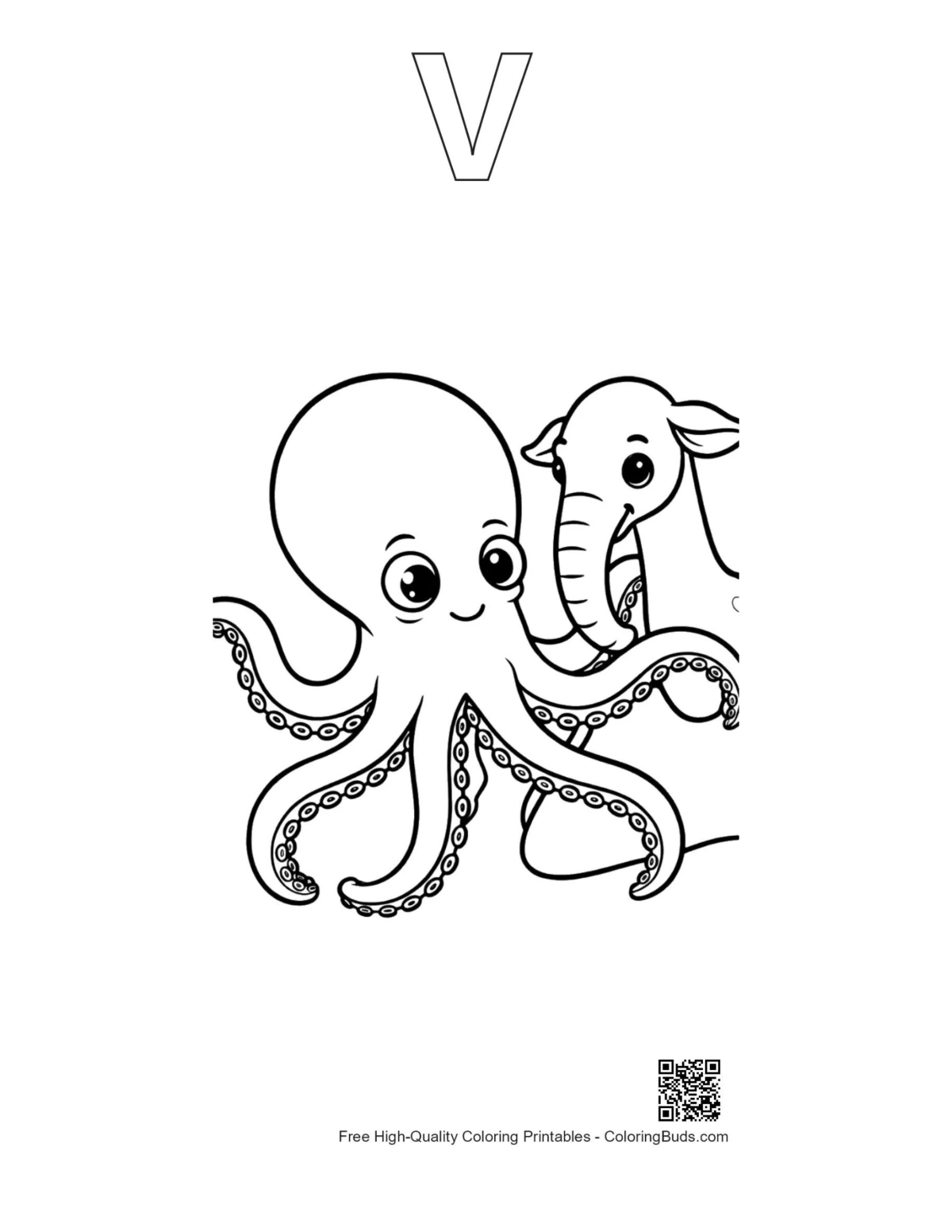 Outline printable cute octopus hugging baby elephant alphabet V