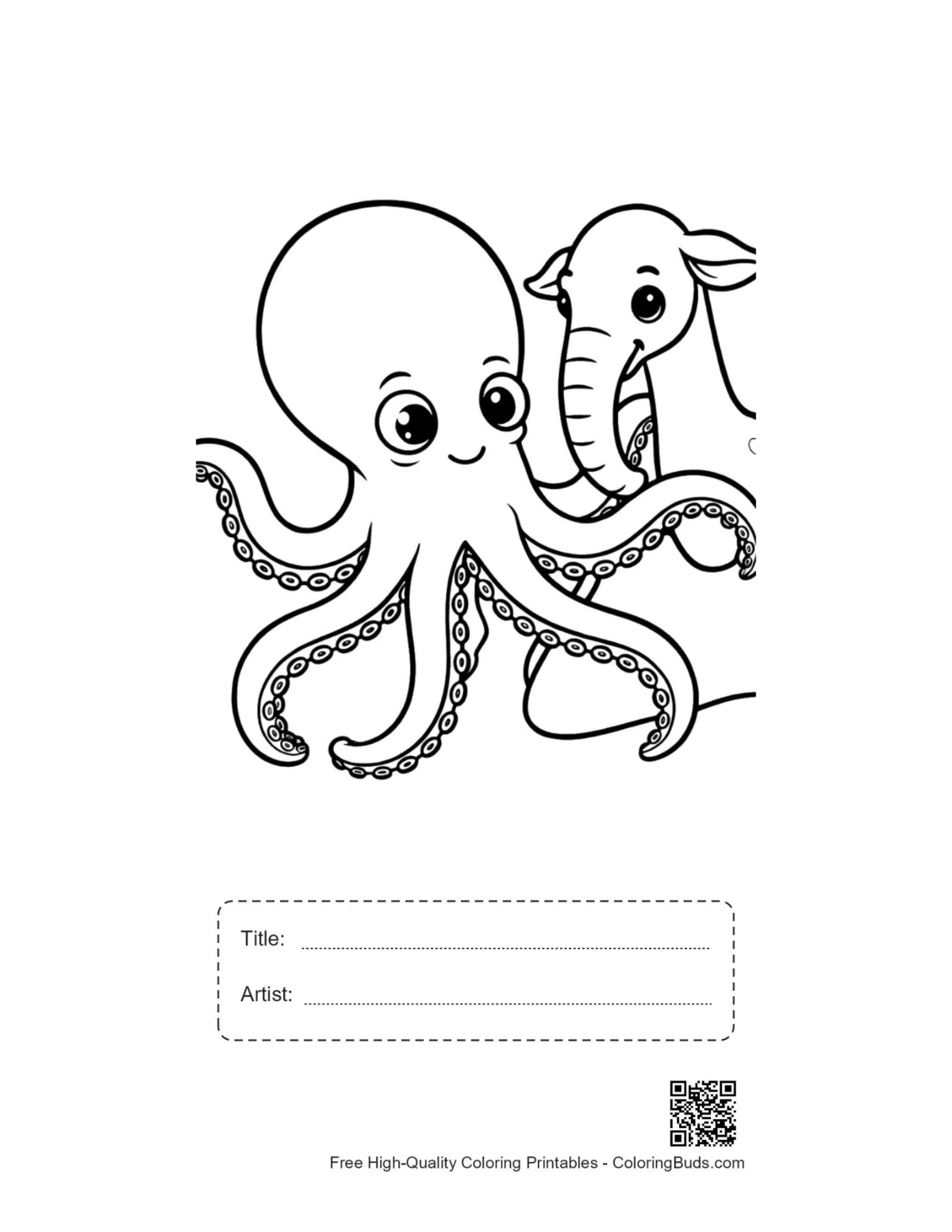 Printable cute octopus hugging baby elephant with title box