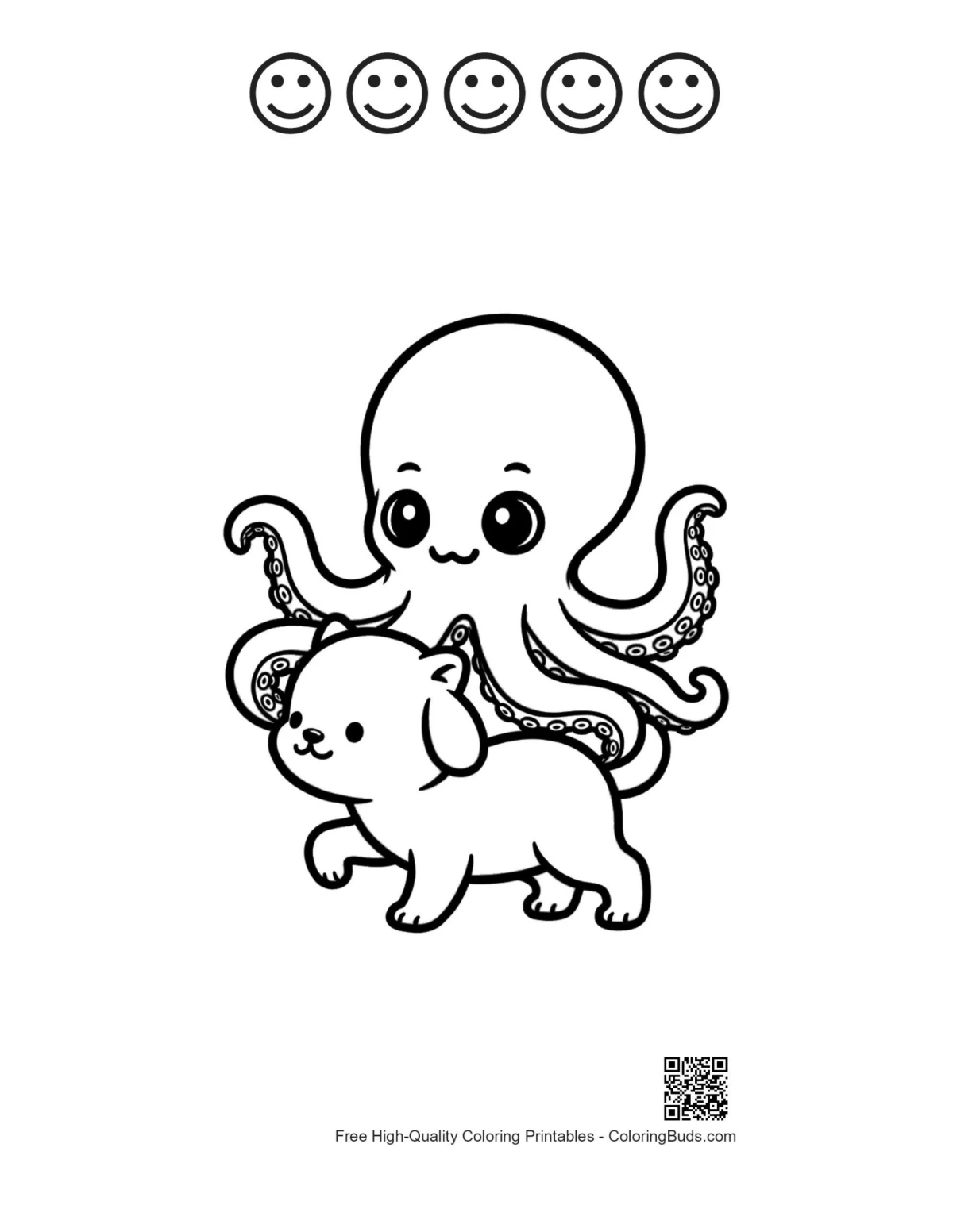 Printable cute octopus puppy with happy faces