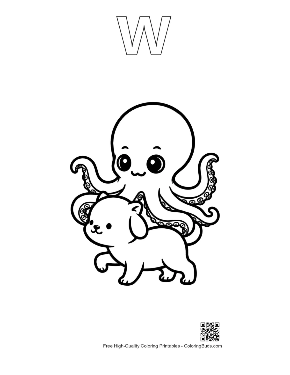 Outline alphabet W with cute octopus and puppy