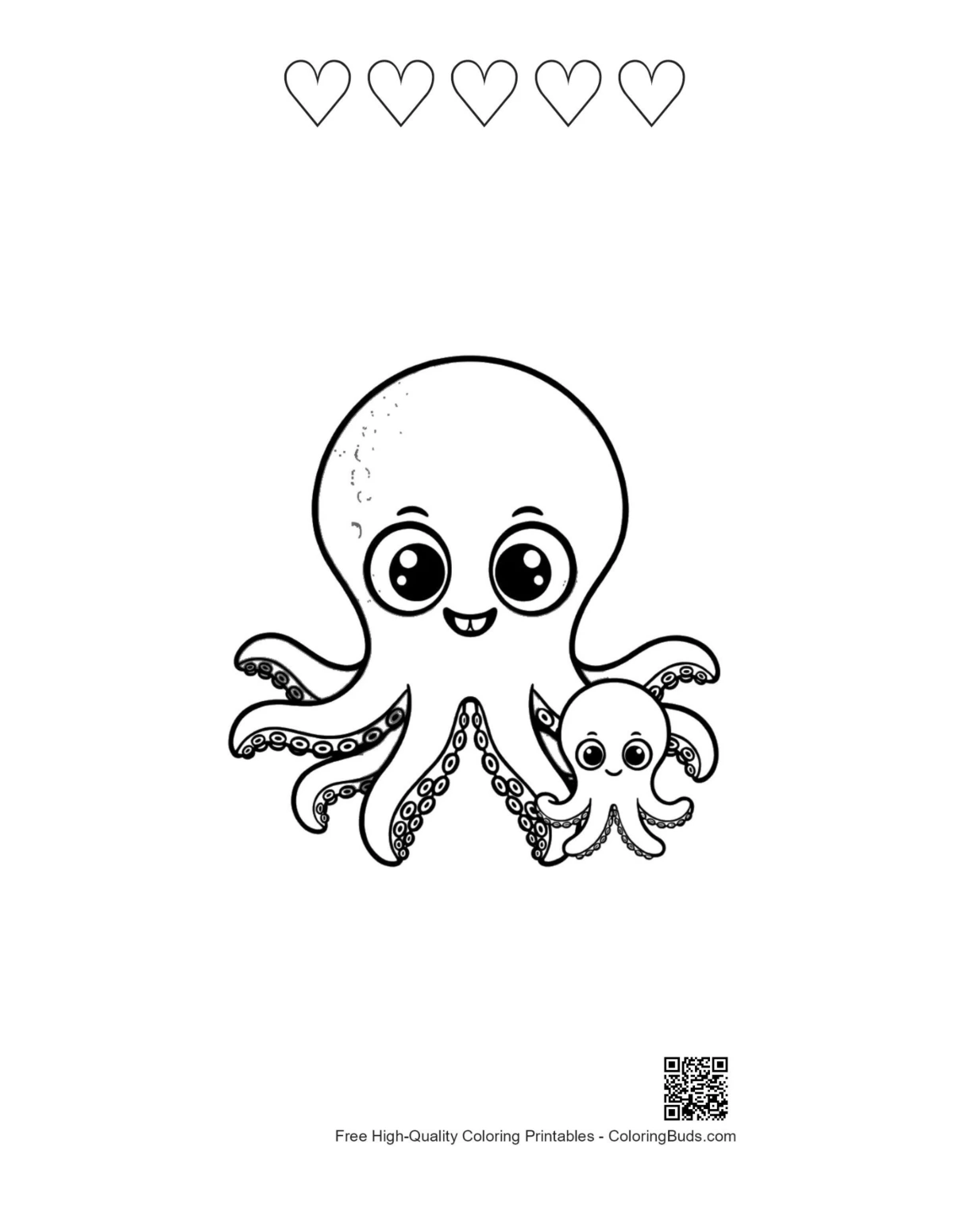 Cute octopus mom baby printable with heart outlines