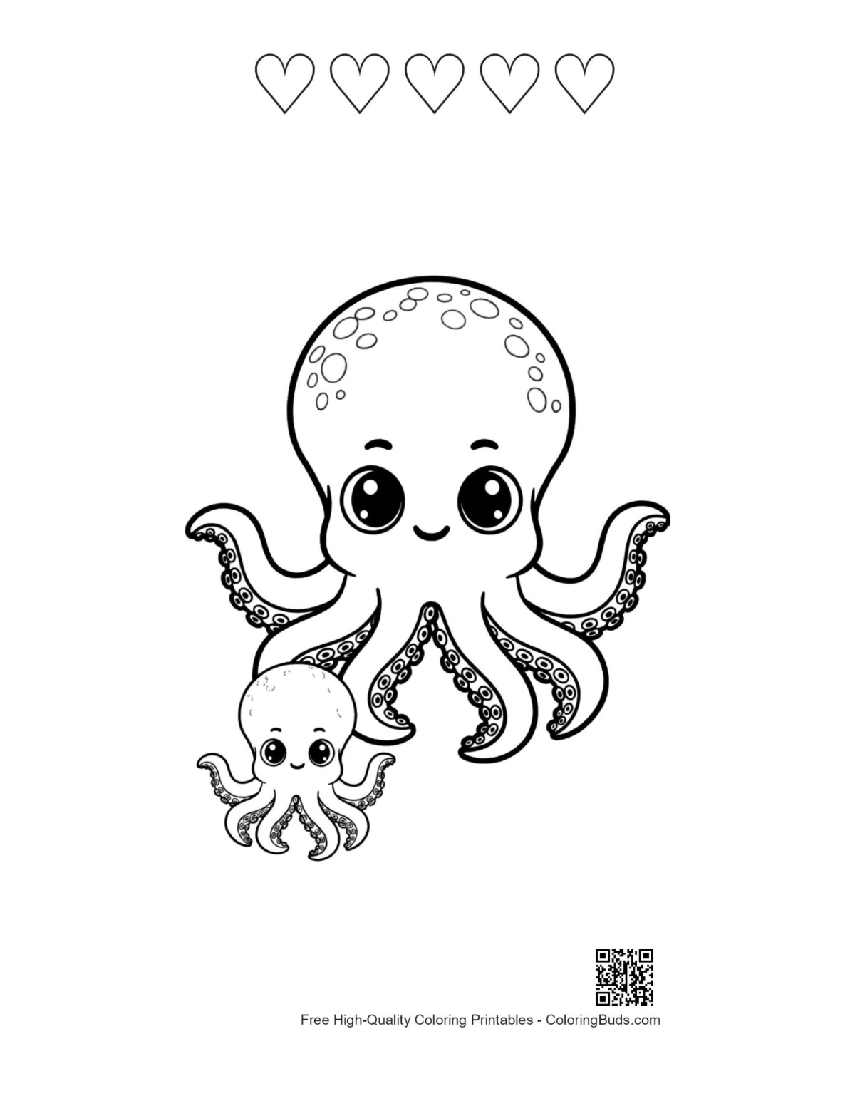 Cute octopus mom printable with 5 heart outlines