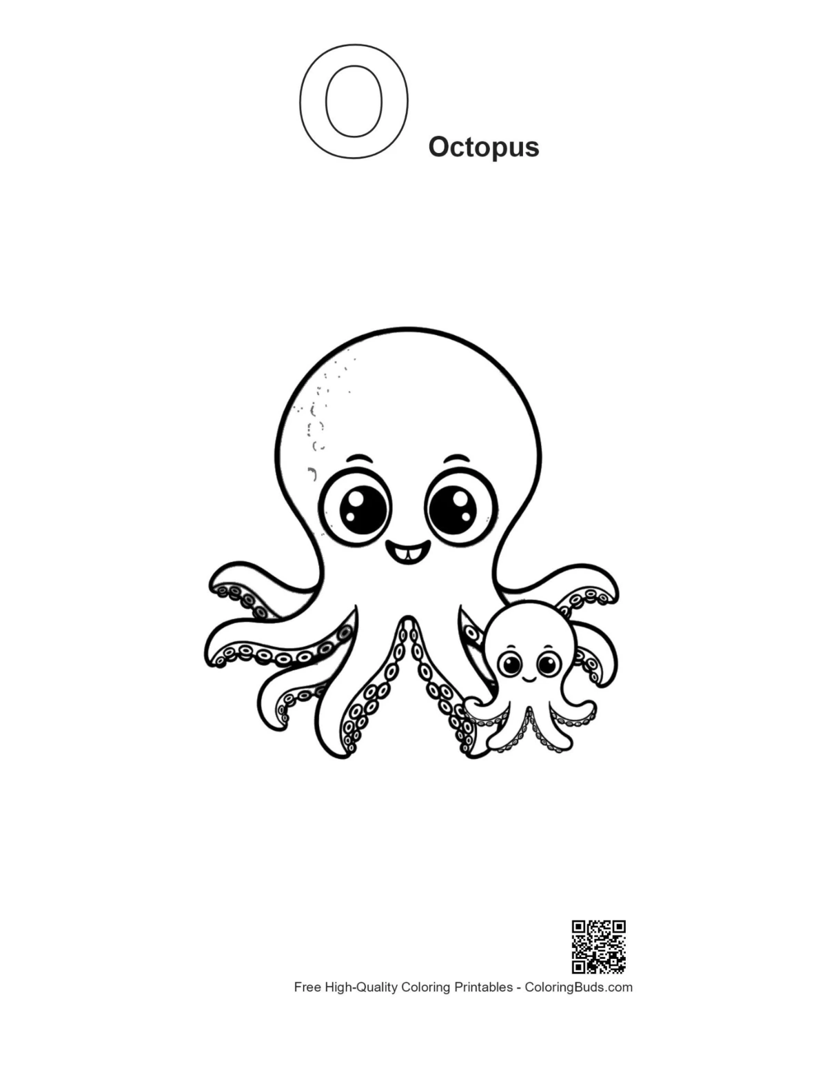 Outline printable of cute octopus family with letter O