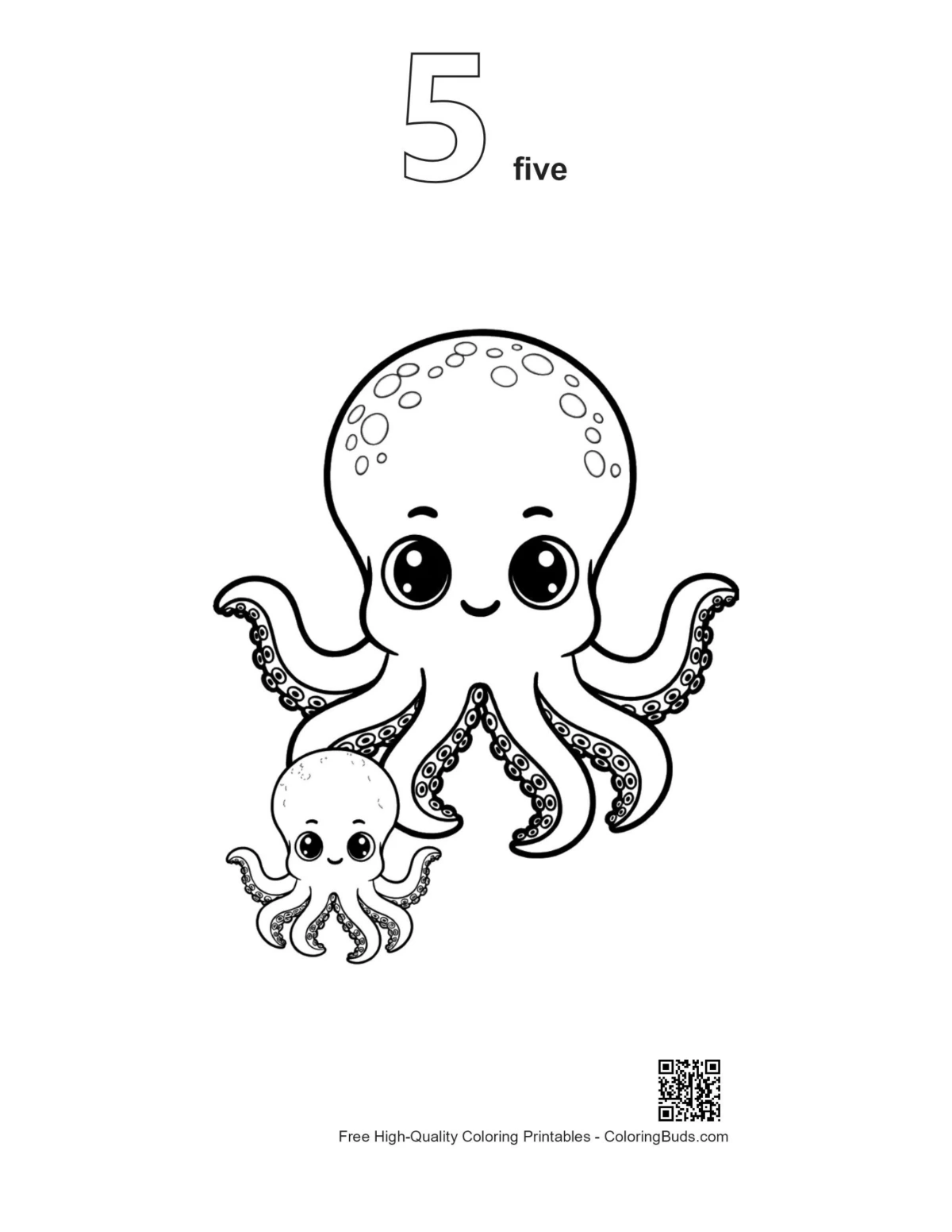 Outline printable of cute octopus mom hugging baby with number 5