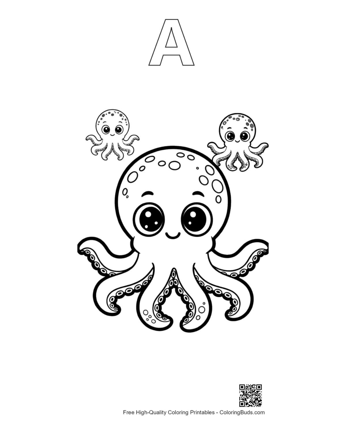 Outline coloring page of cute octopus with letter A