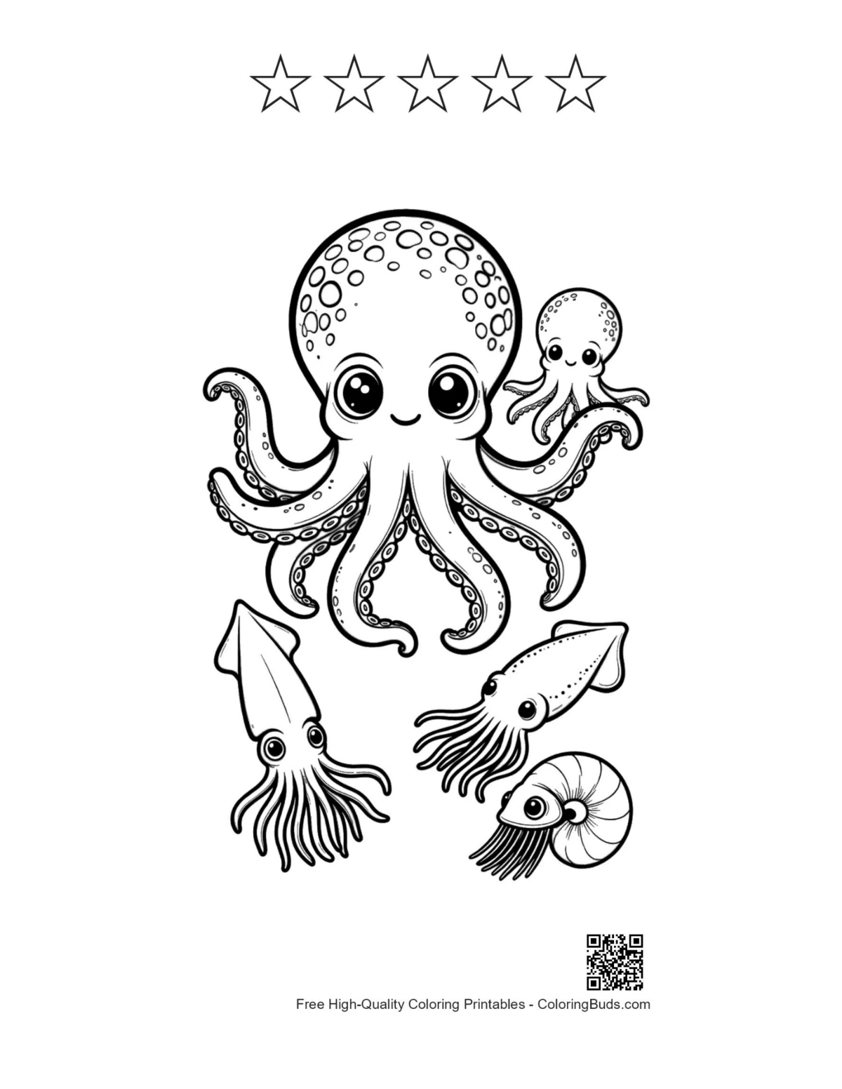 Cute octopus printable with star outlines