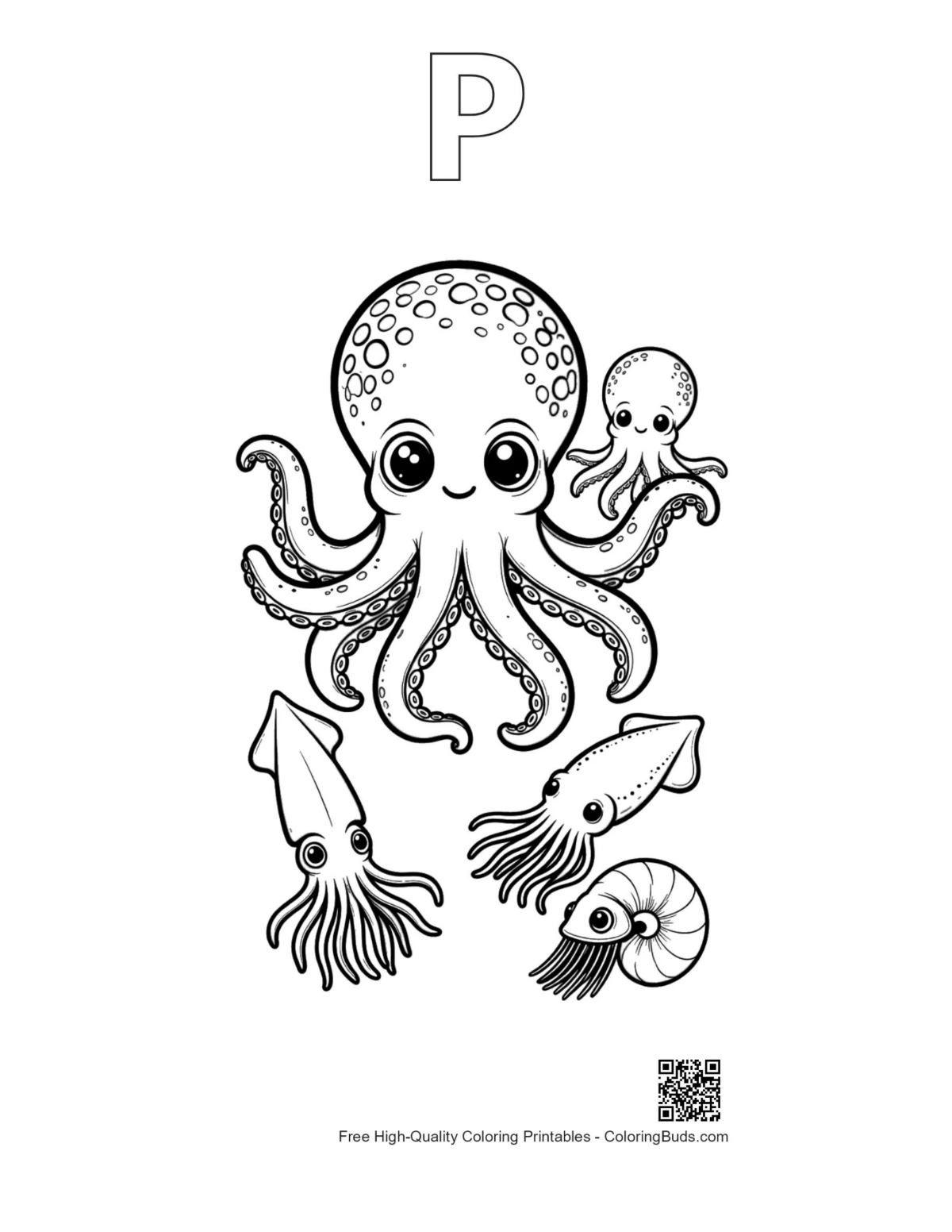 Outline alphabet P with cute octopus scene