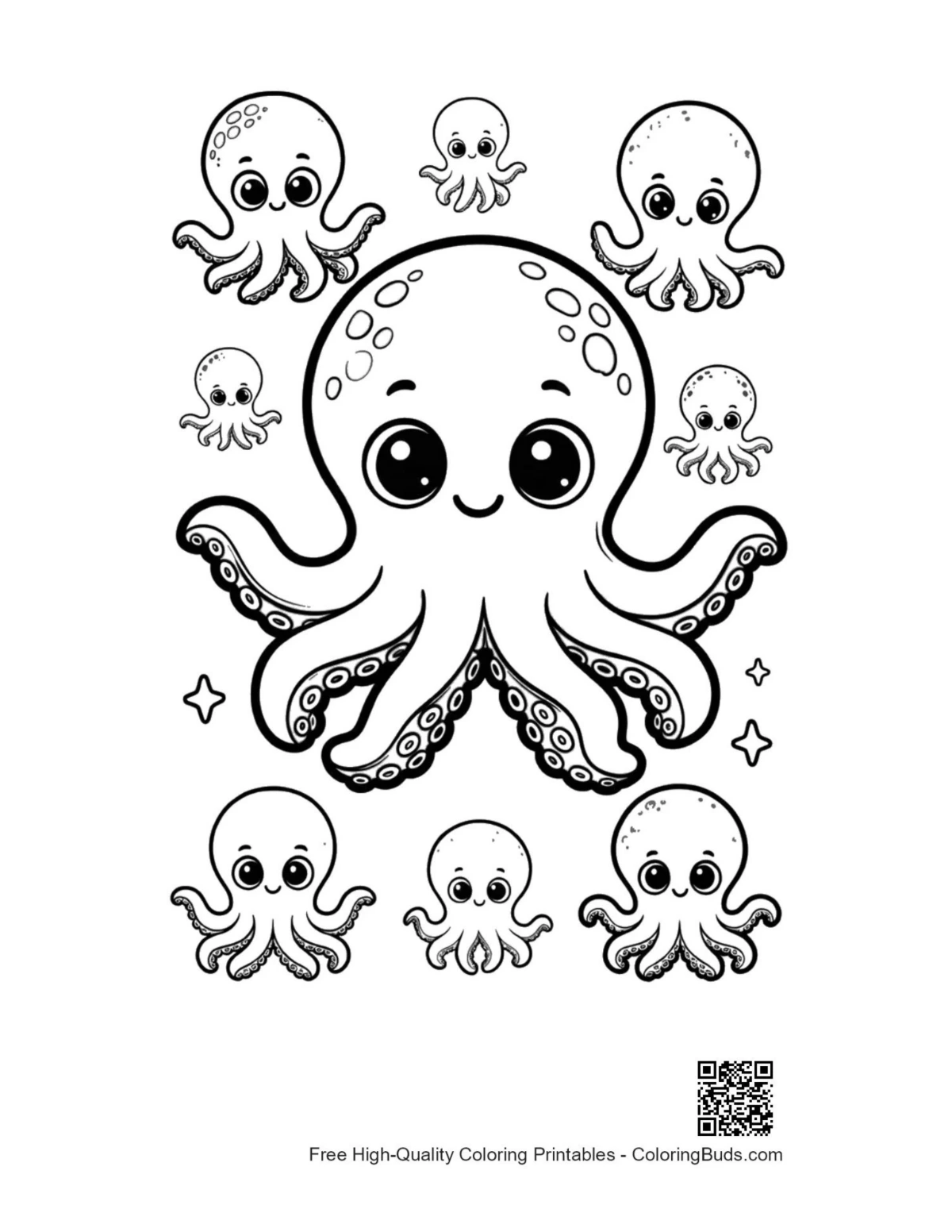 Adorable cute octopus with baby pals illustration