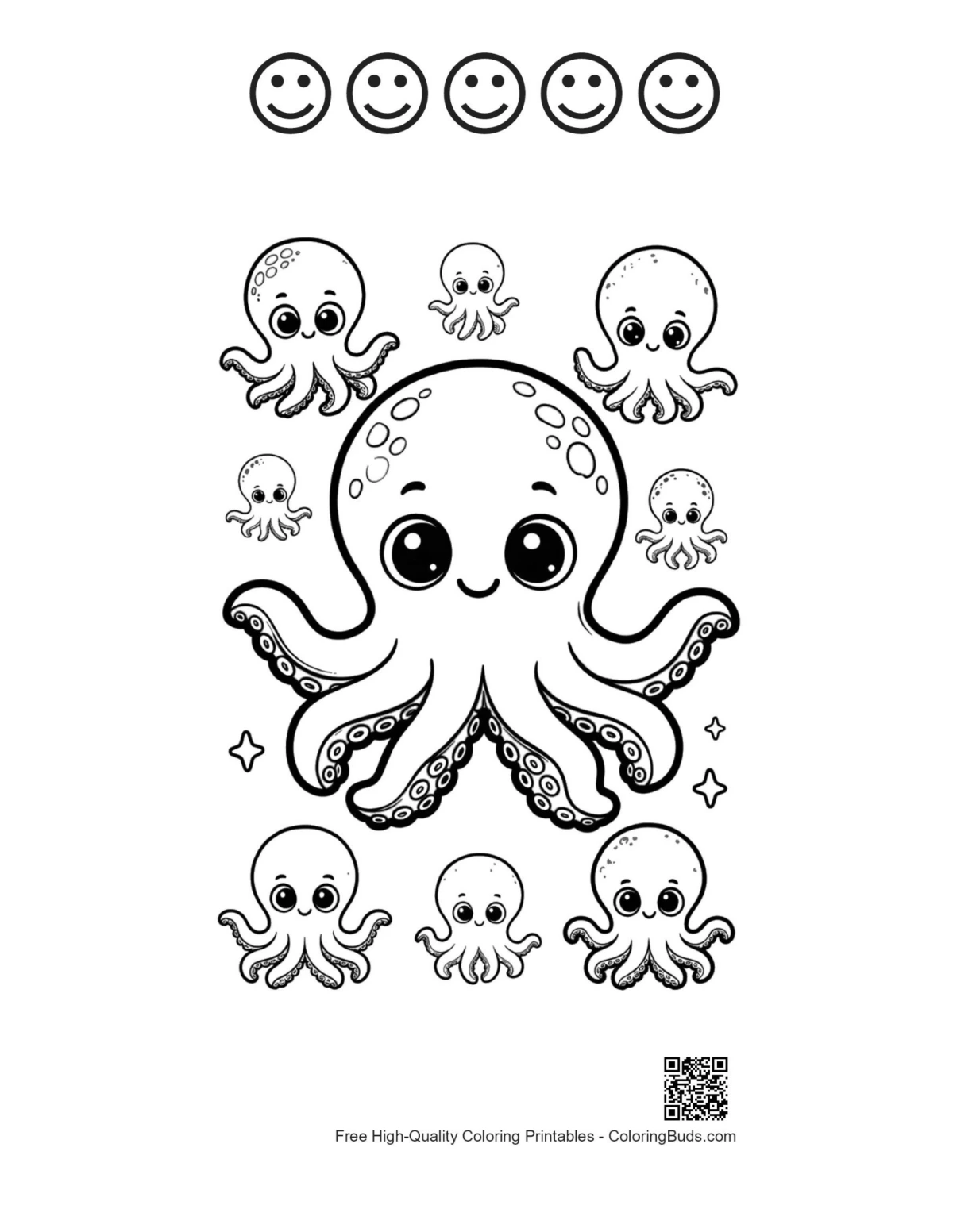 Printable cute octopus with happy face outlines