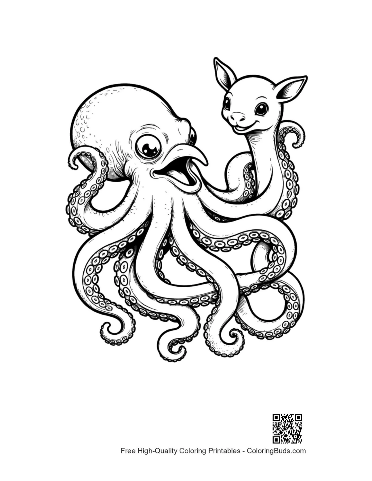 Dancing giant octopus with baby llama illustration