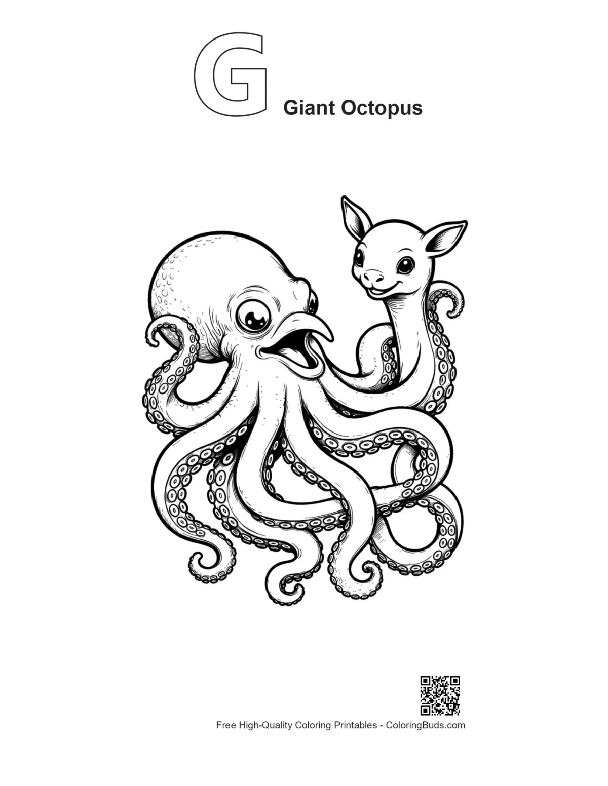 Outline printable of giant octopus dance with alphabet G