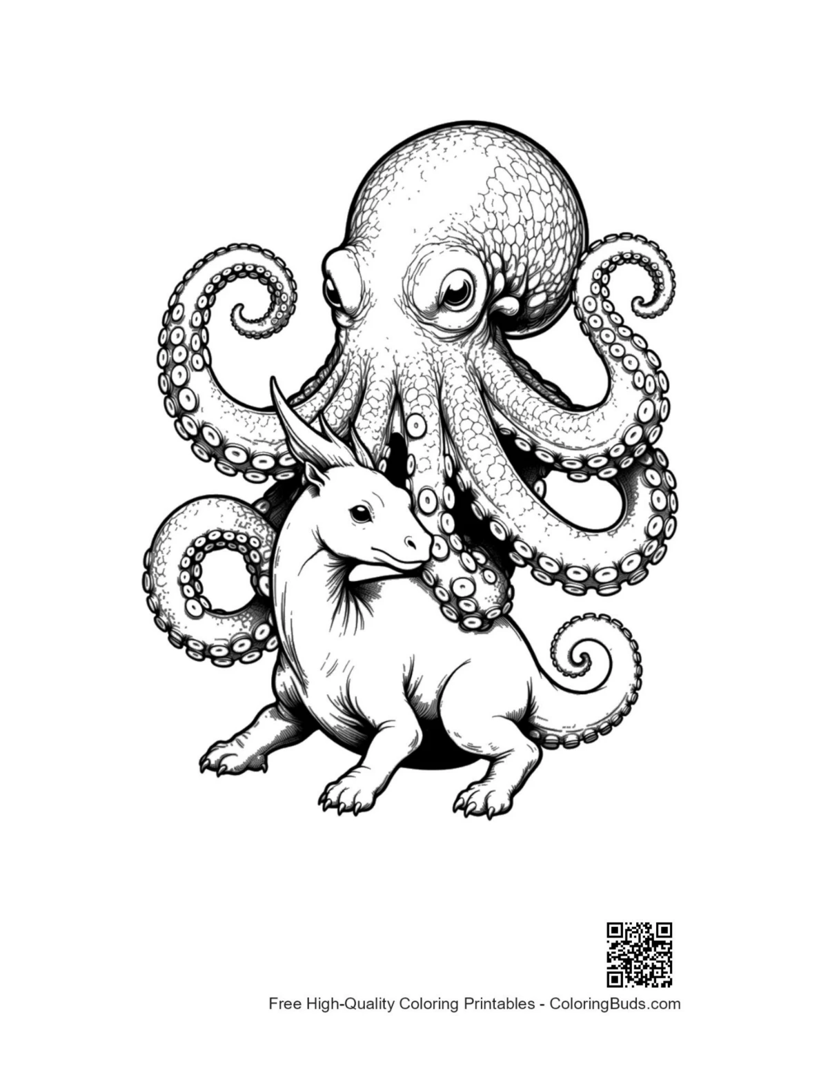 Giant octopus hugging baby dragon illustration