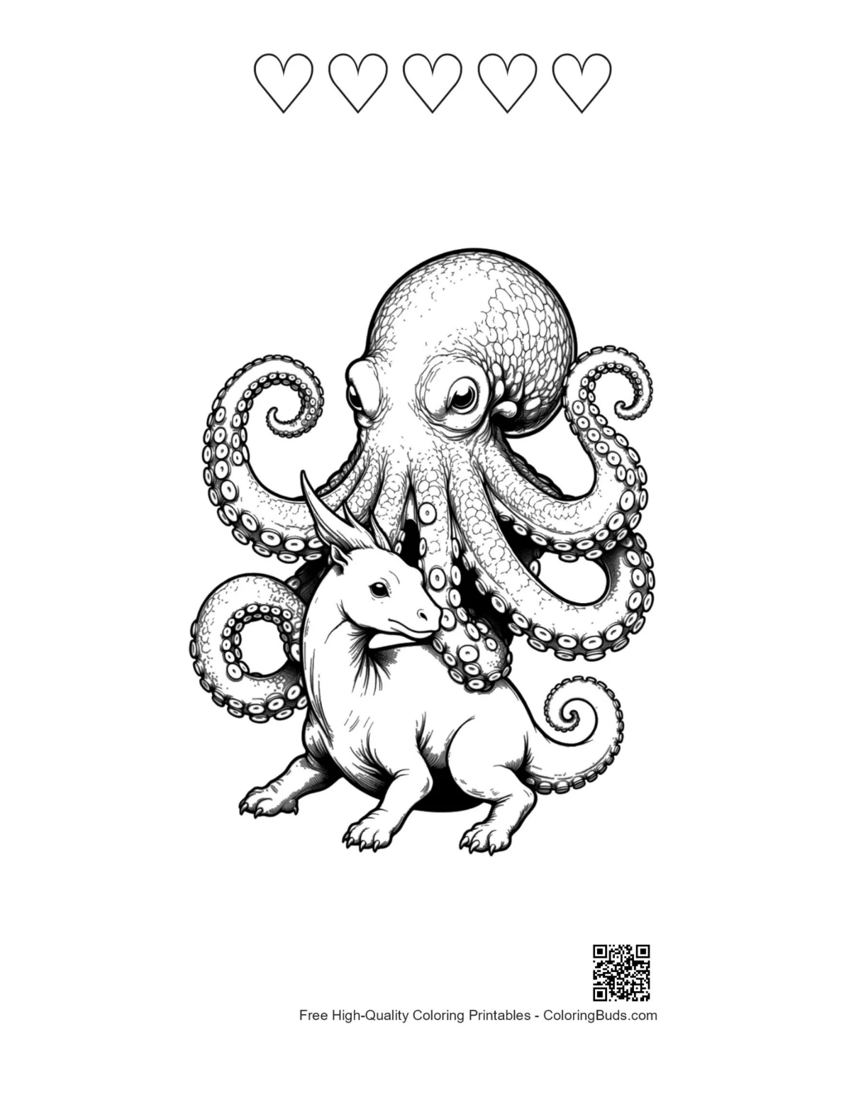 Heart-themed giant octopus baby dragon outline