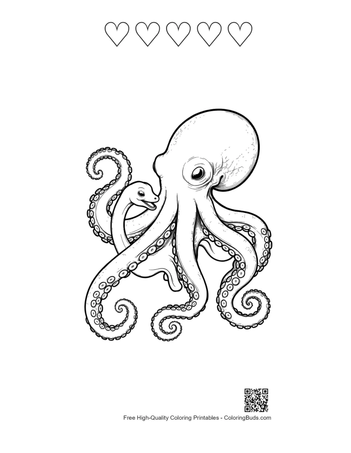 Giant octopus baby snake with heart outlines printable